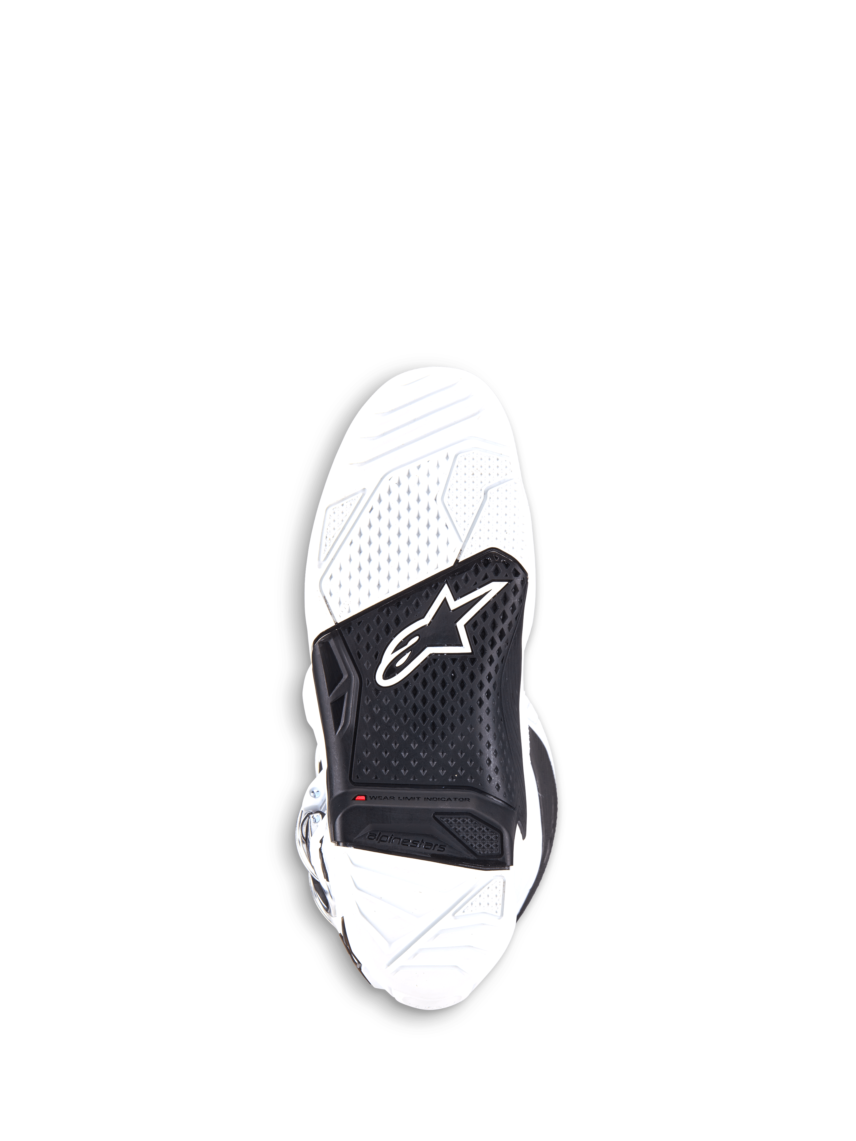 Botas Alpinestars Tech 7, botas de motocross, brancas e pretas, vista inferior da sola de borracha vulcanizada de composto duplo substituível, com uma inserção central preta com o logótipo Alpinestars e um indicador de limite de desgaste vermelho.