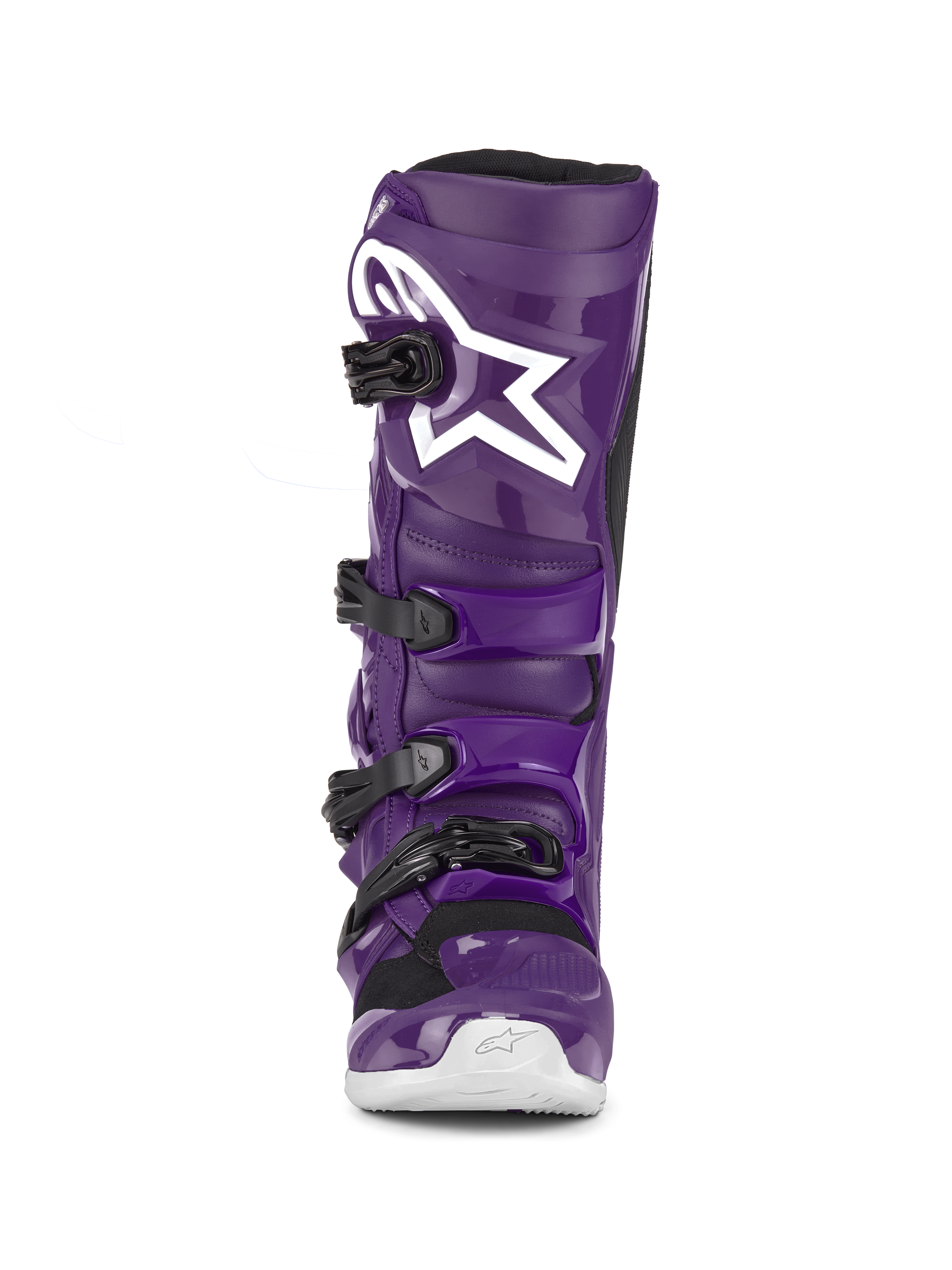 Alpinestars Tech 7 Boots, Purple Motocross Boots, front view, featuring four black buckles, white Alpinestars logo on the shin plate, durable TPU shell and synthetic construction for off-road protection