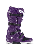 Alpinestars Tech 7 Boots, Motocross Off-Road Boots, Glossy Purple with Black buckles and White accents, lateral view, four-strap closure system, white Star logo on the heel and shin, durable TPU construction for off-road performance