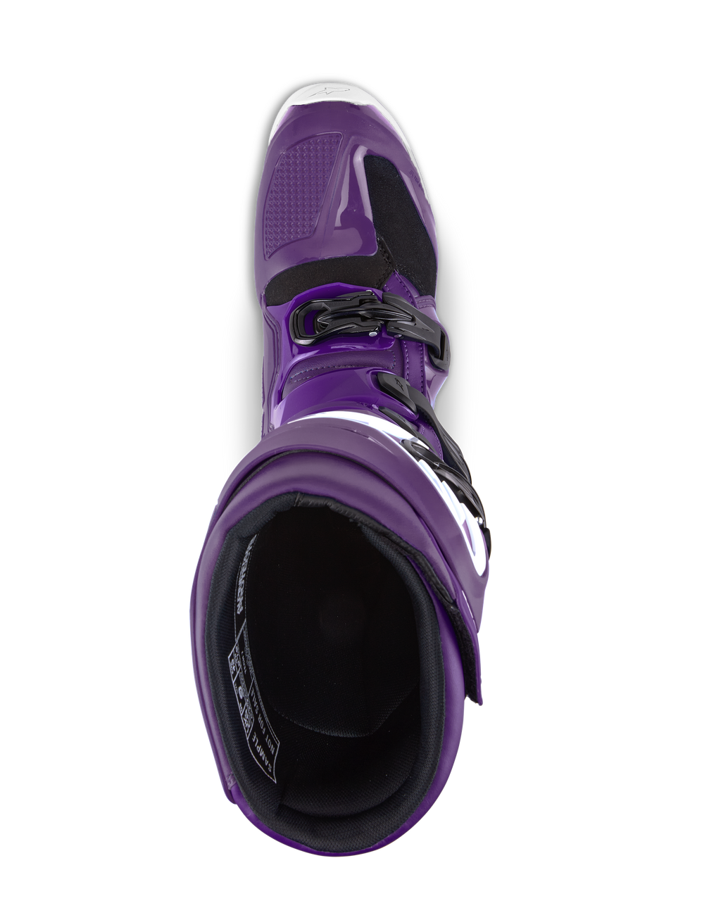 Alpinestars Tech 7 Boots, Motocross Boots, Purple, top-down view looking into the boot opening, featuring black buckles and white accents, durable synthetic construction for off-road racing