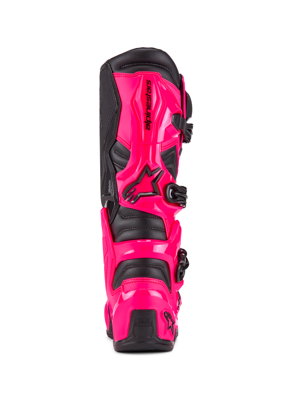 Botas Alpinestars Tech 7, botas de motocross, rosa diva e preto, vista traseira mostrando a proteção de calcanhar e panturrilha em TPU de alto impacto, sistema de fivelas pretas, construção durável para condução todo-o-terreno