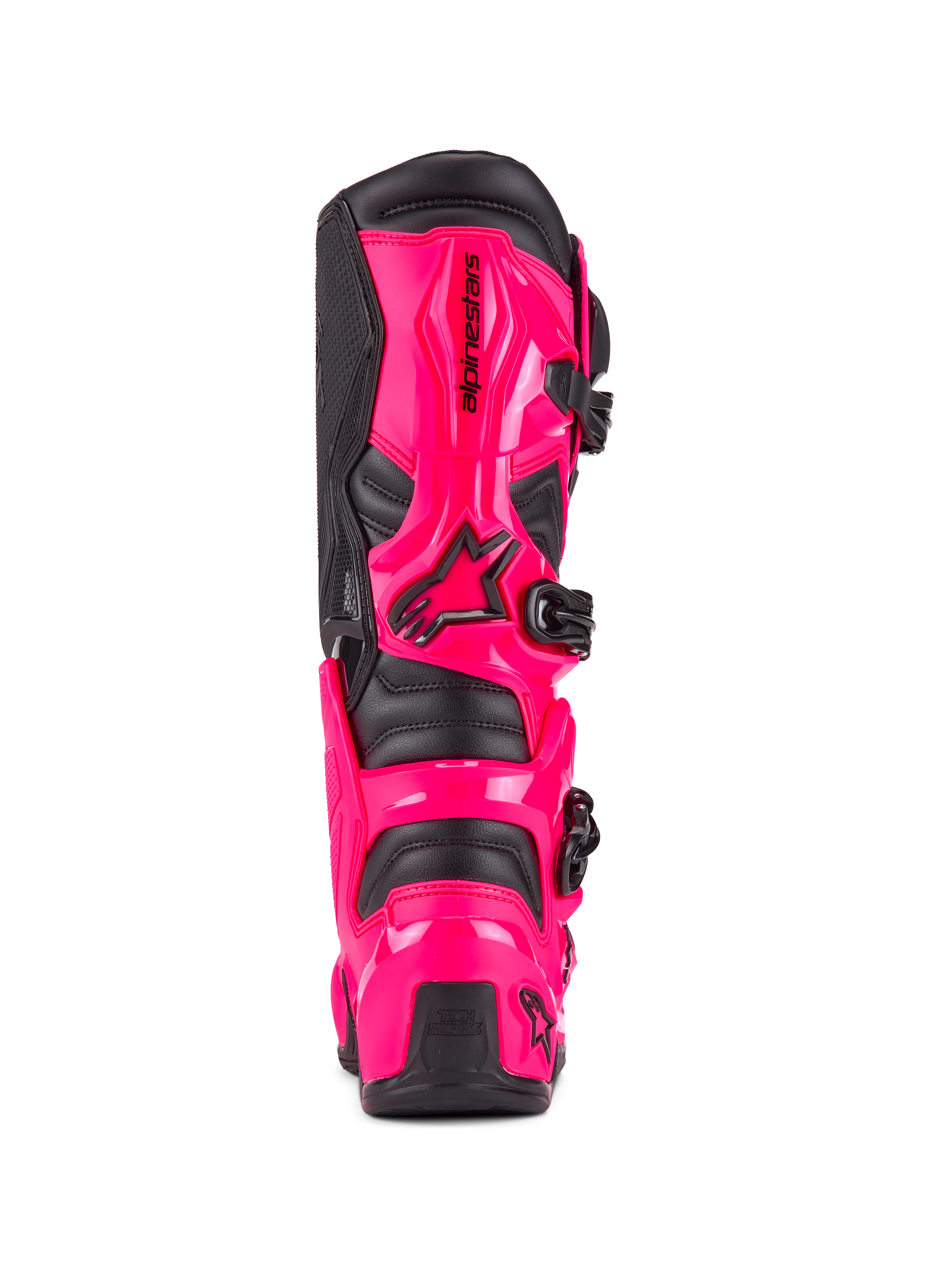 Botas Alpinestars Tech 7, botas de motocross, rosa diva e preto, vista traseira mostrando a proteção de calcanhar e panturrilha em TPU de alto impacto, sistema de fivelas pretas, construção durável para condução todo-o-terreno