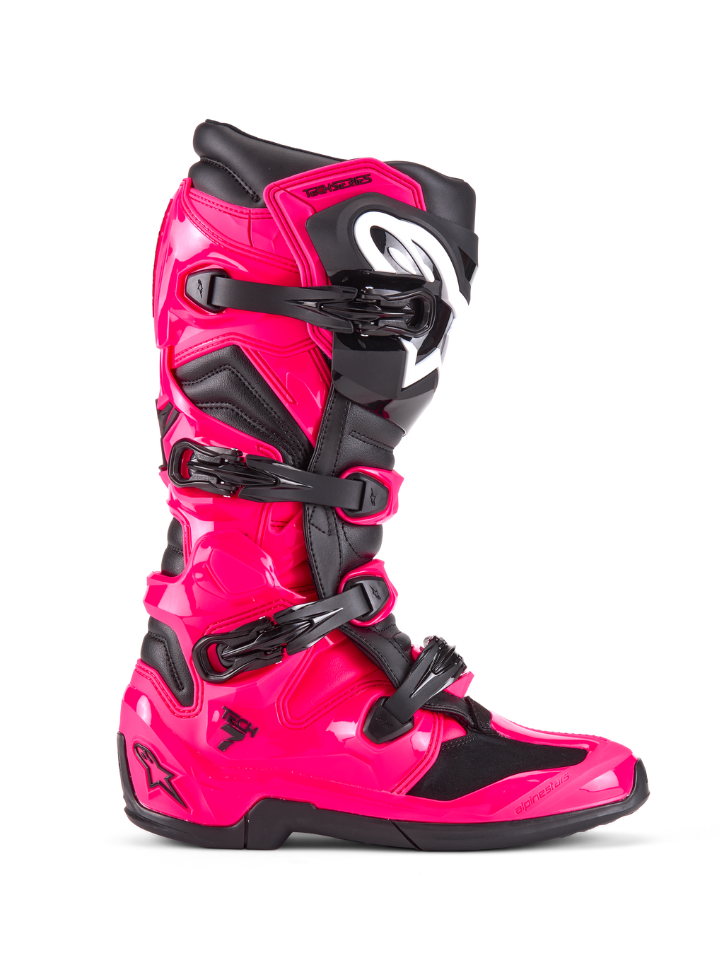 Botas Alpinestars Tech 7, botas de motocross e off-road, rosa Diva e preto, estrutura em TPU rosa brilhante com detalhes pretos, quatro fivelas pretas ajustáveis, proteção de canela reforçada, calçado de competição profissional
