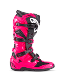 Botas Alpinestars Tech 7, botas de motocross e off-road, rosa Diva e preto, estrutura em TPU rosa brilhante com detalhes pretos, quatro fivelas pretas ajustáveis, proteção de canela reforçada, calçado de competição profissional