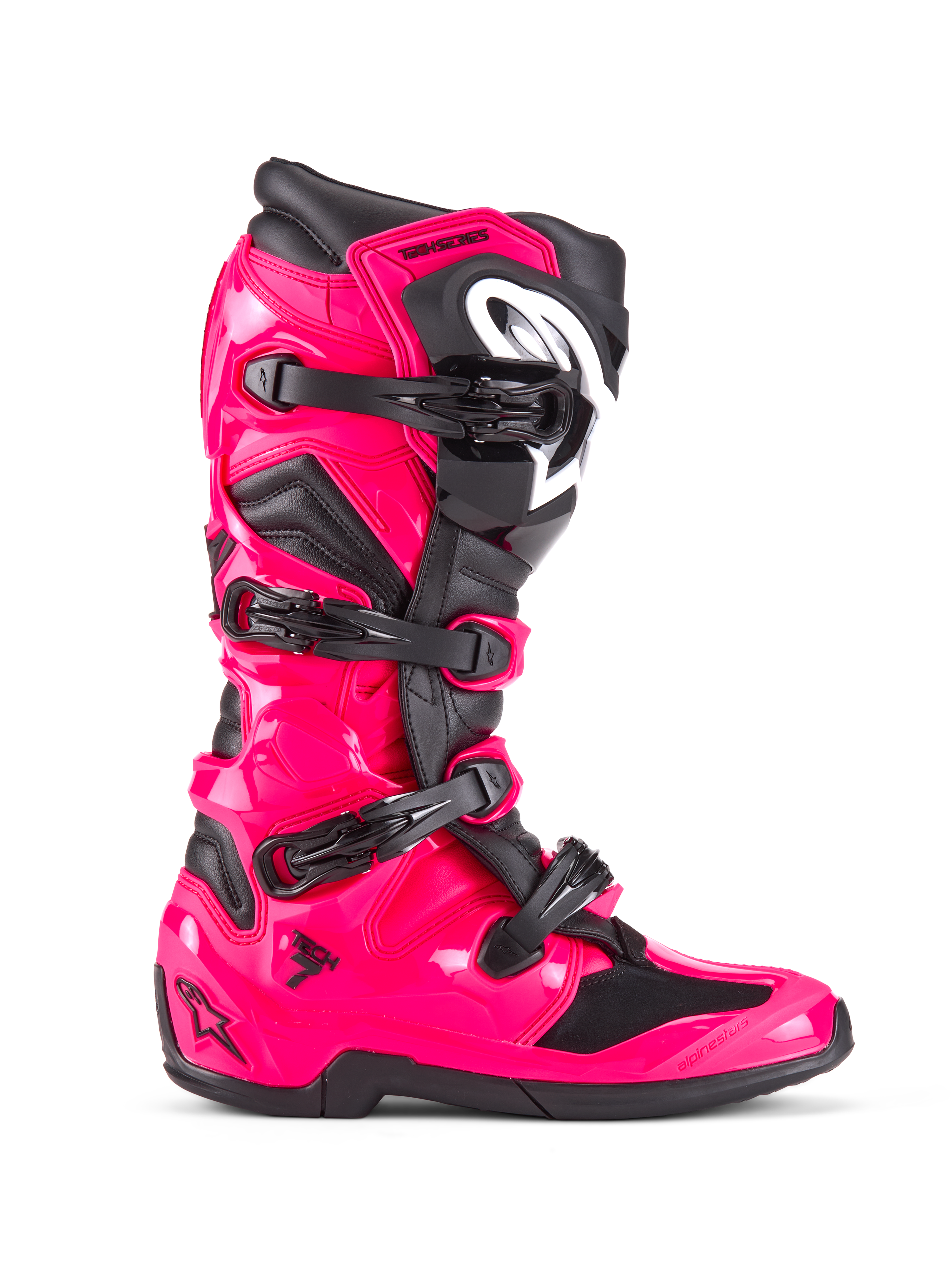 Botas Alpinestars Tech 7, botas de motocross e off-road, rosa Diva e preto, estrutura em TPU rosa brilhante com detalhes pretos, quatro fivelas pretas ajustáveis, proteção de canela reforçada, calçado de competição profissional