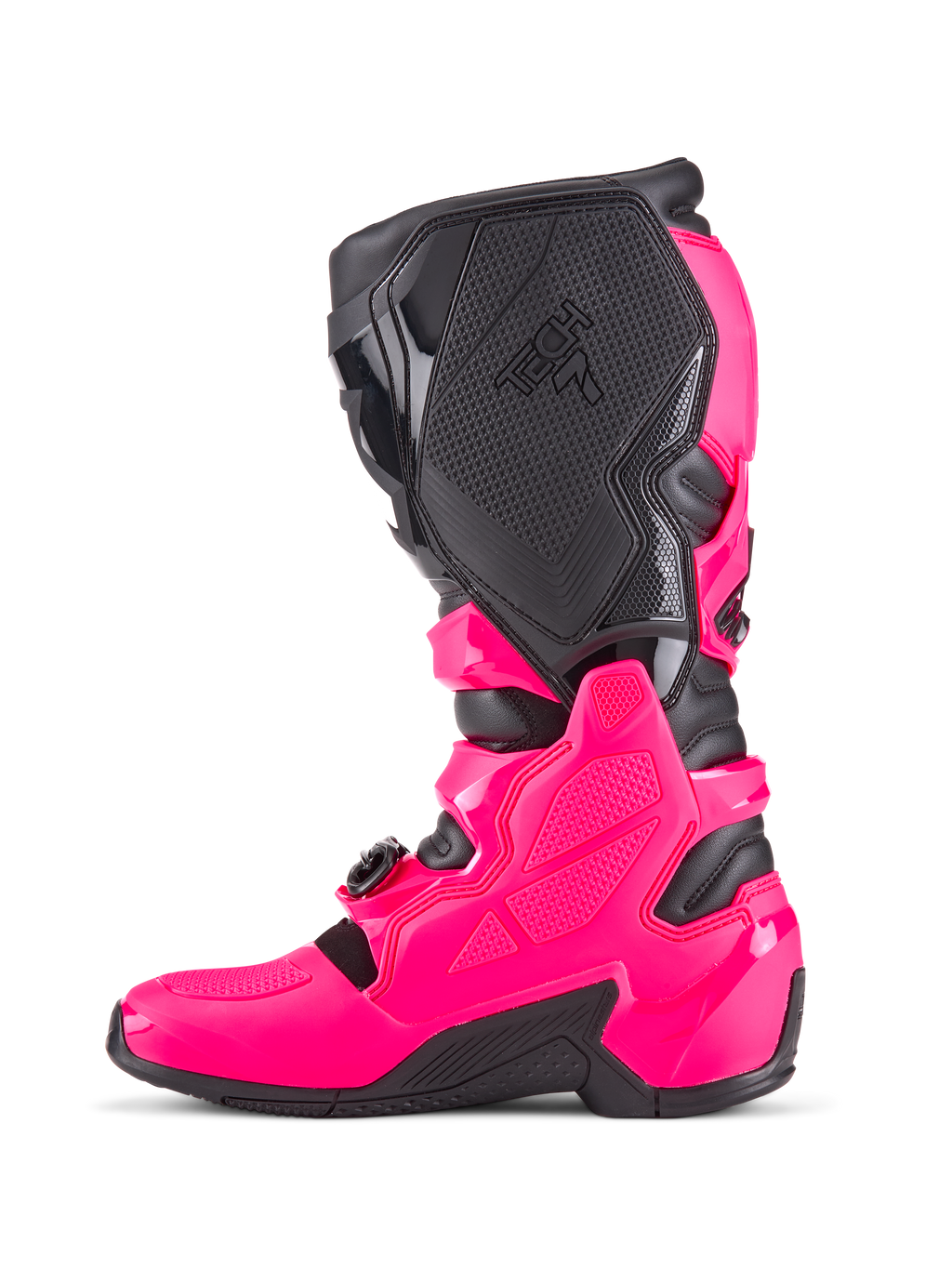 Botas de Motocross Alpinestars Tech 7, Rosa Diva e preto, perfil lateral com concha protetora de TPU, painéis de aderência medial texturizados com a marca Tech 7 e sola preta robusta, calçado de corrida todo-o-terreno de alta performance