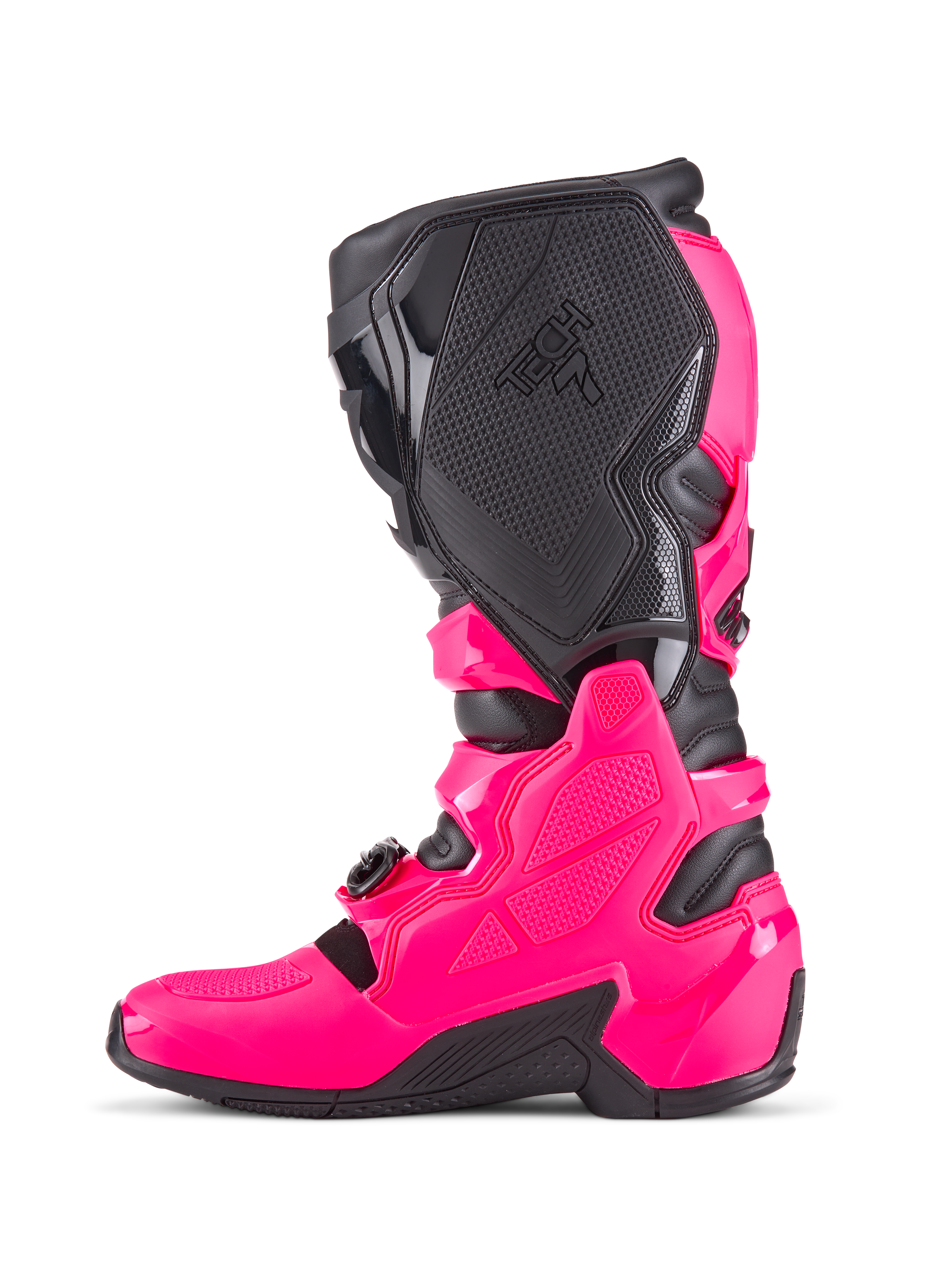 Botas de Motocross Alpinestars Tech 7, Rosa Diva e preto, perfil lateral com concha protetora de TPU, painéis de aderência medial texturizados com a marca Tech 7 e sola preta robusta, calçado de corrida todo-o-terreno de alta performance