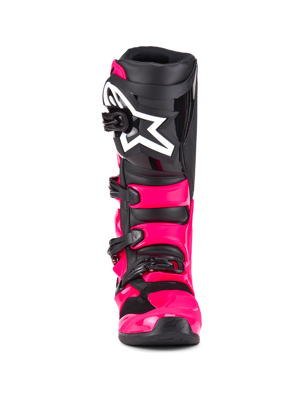 Botas Alpinestars Tech 7, botas de motocross, Diva Pink Black, vista frontal, com estrutura e correias em TPU cor-de-rosa vibrante, caneleira preta com logótipo da estrela Alpinestars grande em branco e fivelas pretas seguras.