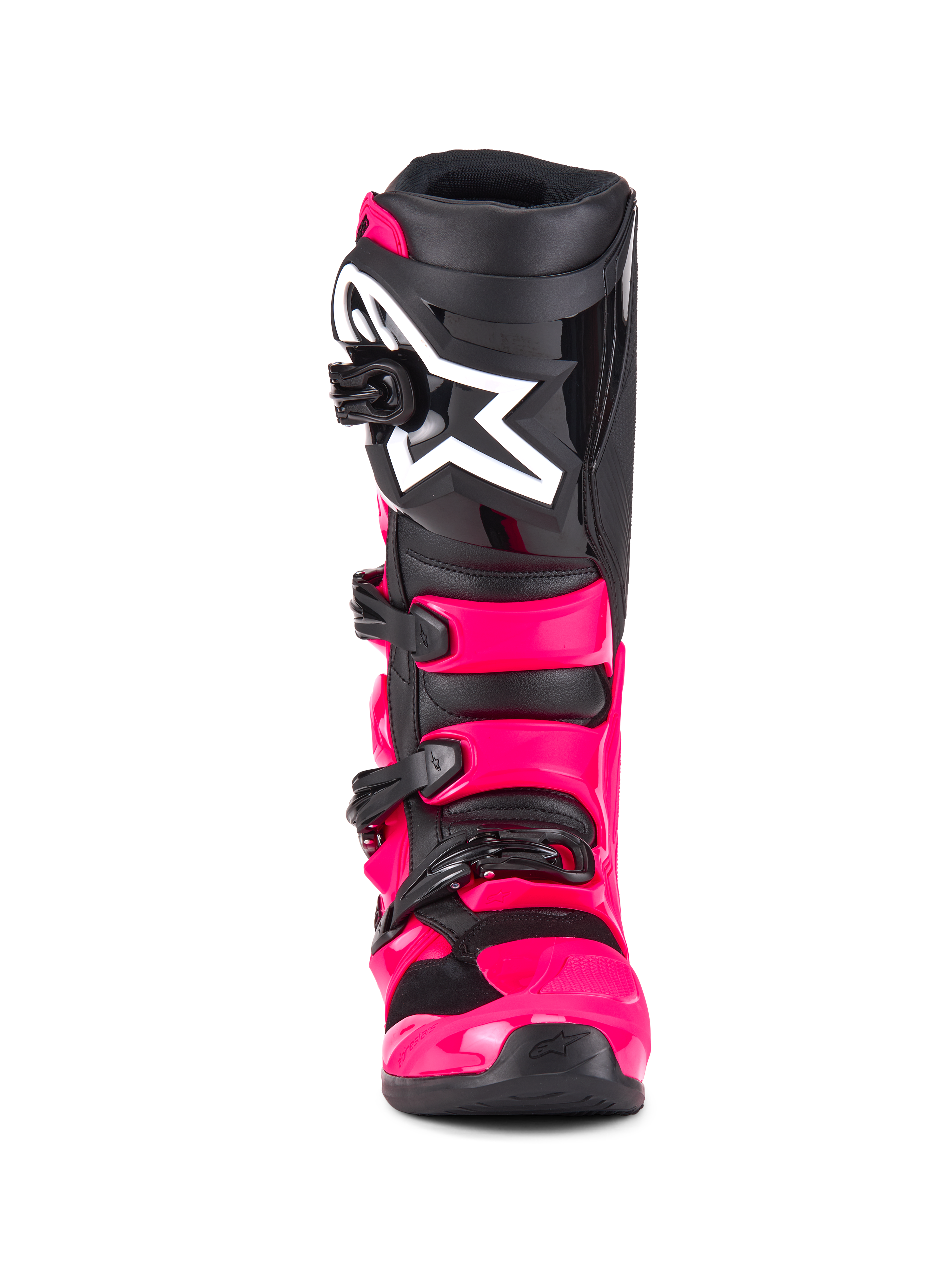 Botas Alpinestars Tech 7, botas de motocross, Diva Pink Black, vista frontal, com estrutura e correias em TPU cor-de-rosa vibrante, caneleira preta com logótipo da estrela Alpinestars grande em branco e fivelas pretas seguras.