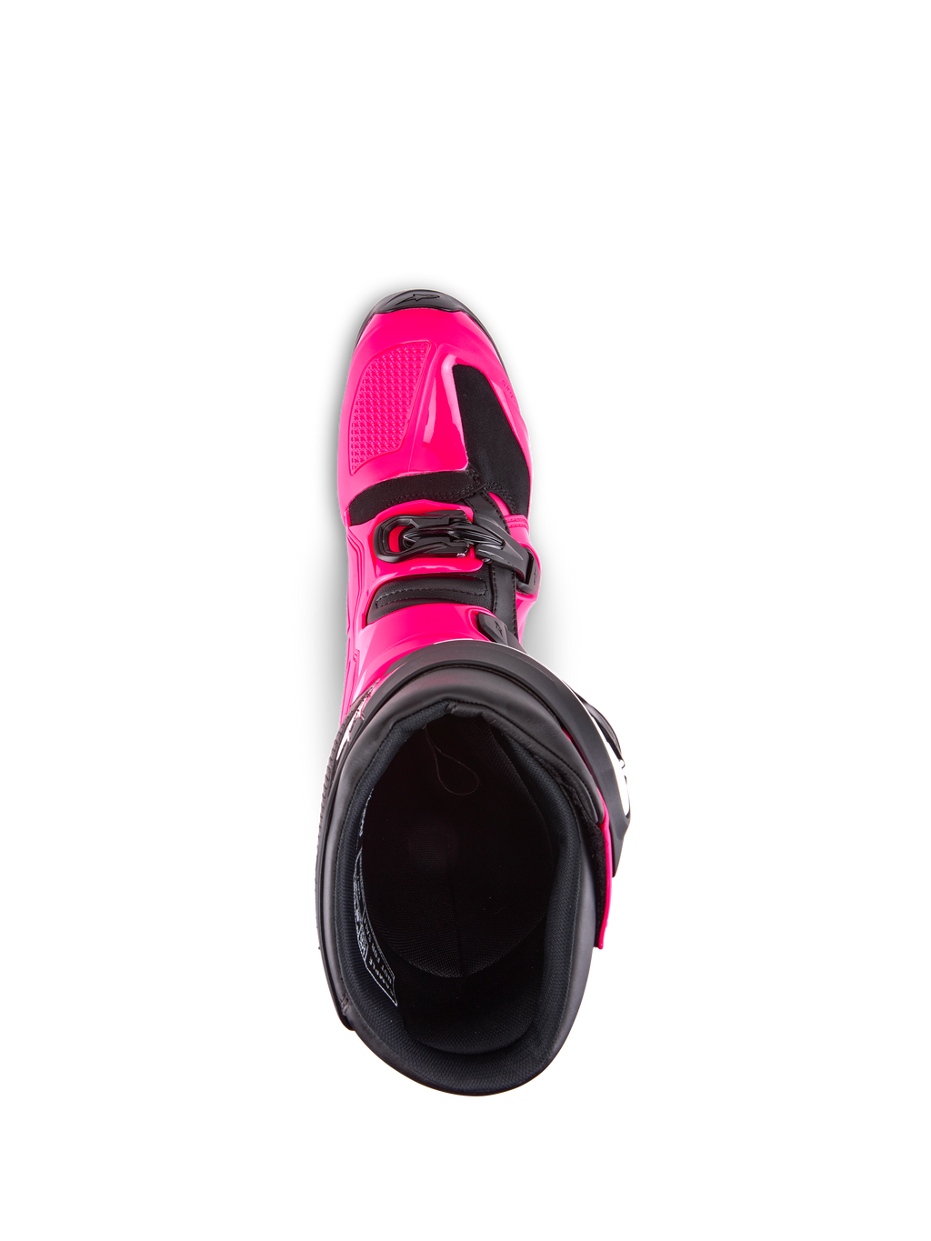 Botas Alpinestars Tech 7, botas de motocross, rosa Diva e preto, vista superior para o forro interior, mostrando a estrutura exterior em TPU rosa e pormenor da fivela, concebidas para performance todo-o-terreno