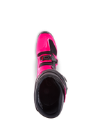 Botas Alpinestars Tech 7, botas de motocross, rosa Diva e preto, vista superior para o forro interior, mostrando a estrutura exterior em TPU rosa e pormenor da fivela, concebidas para performance todo-o-terreno
