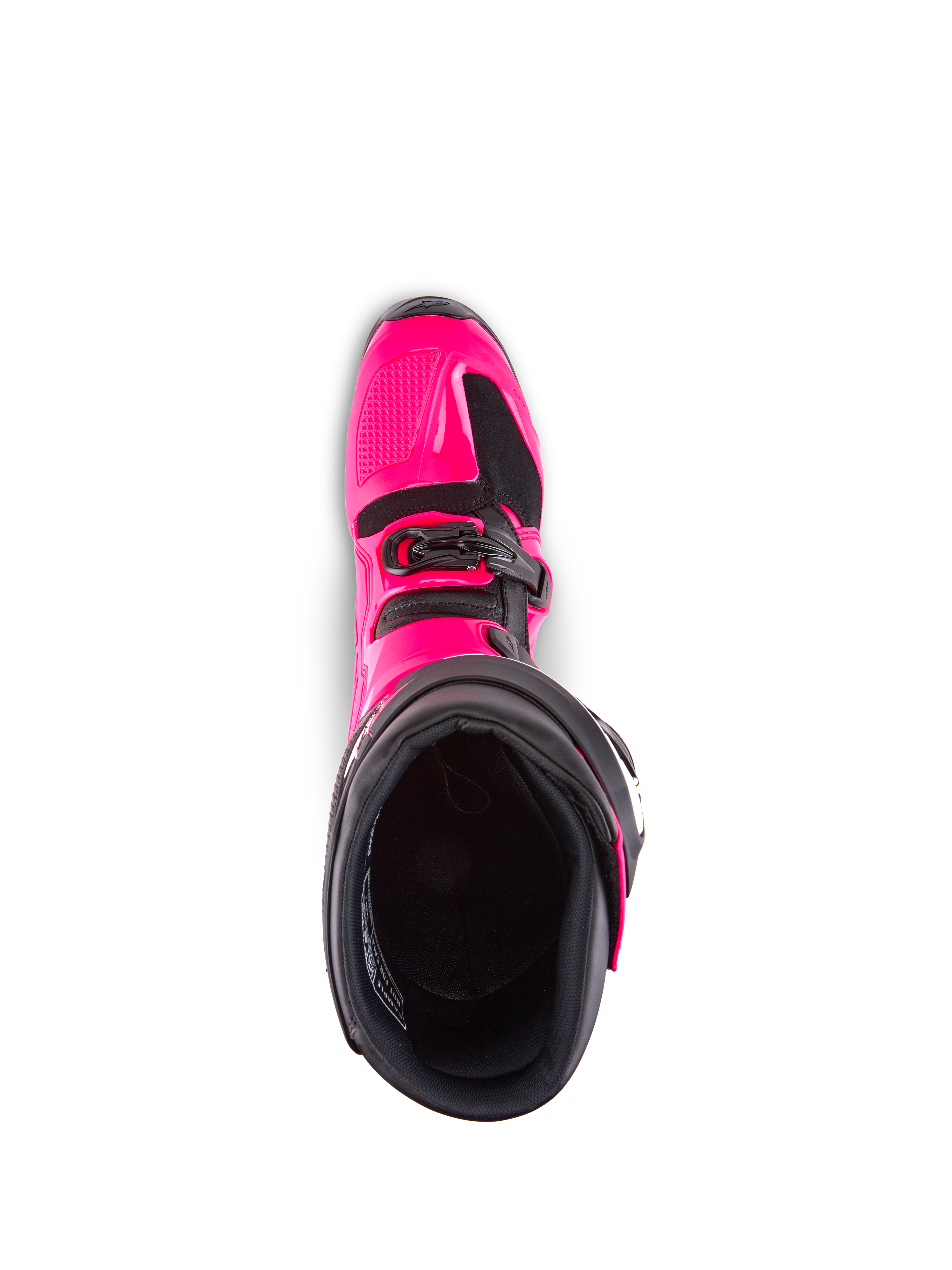 Botas Alpinestars Tech 7, botas de motocross, rosa Diva e preto, vista superior para o forro interior, mostrando a estrutura exterior em TPU rosa e pormenor da fivela, concebidas para performance todo-o-terreno