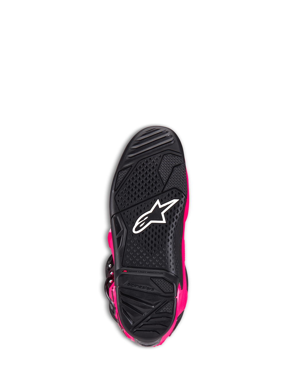 Botas Alpinestars Tech 7, botas de motocross, rosa diva e preto, vista inferior da sola exterior mostrando a sola de borracha texturizada preta, logótipo Alpinestars branco e indicador de limite de desgaste, calçado de alta performance para todo-o-terreno
