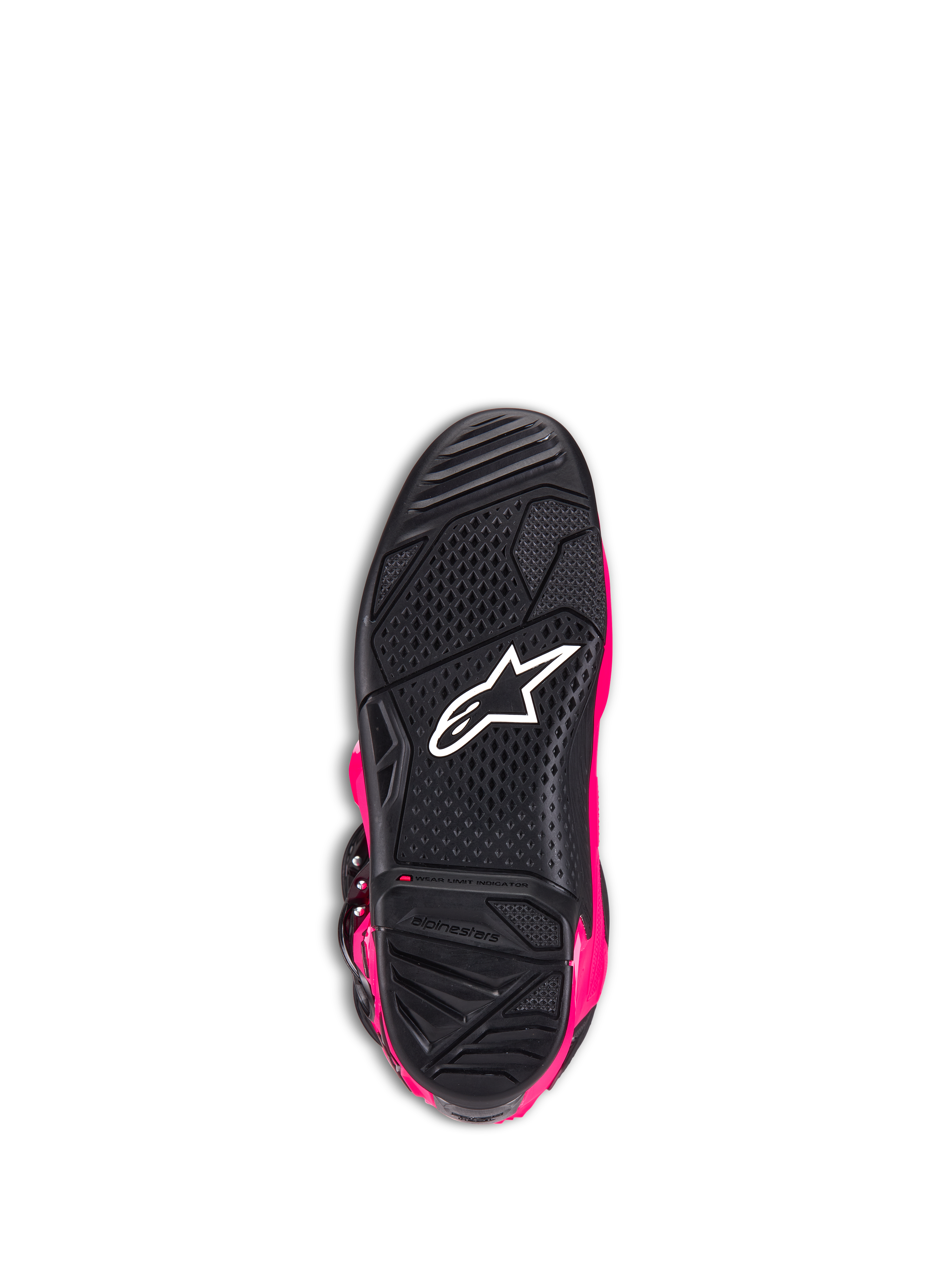 Botas Alpinestars Tech 7, botas de motocross, rosa diva e preto, vista inferior da sola exterior mostrando a sola de borracha texturizada preta, logótipo Alpinestars branco e indicador de limite de desgaste, calçado de alta performance para todo-o-terreno