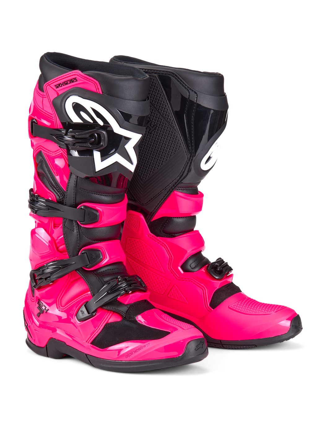 Botas Alpinestars Tech 7, botas de motocross, rosa diva e preto, com uma estrutura de TPU resistente, sistema de fecho com quatro fivelas e logótipo branco da Alpinestars em destaque, calçado de alto desempenho para todo-o-terreno