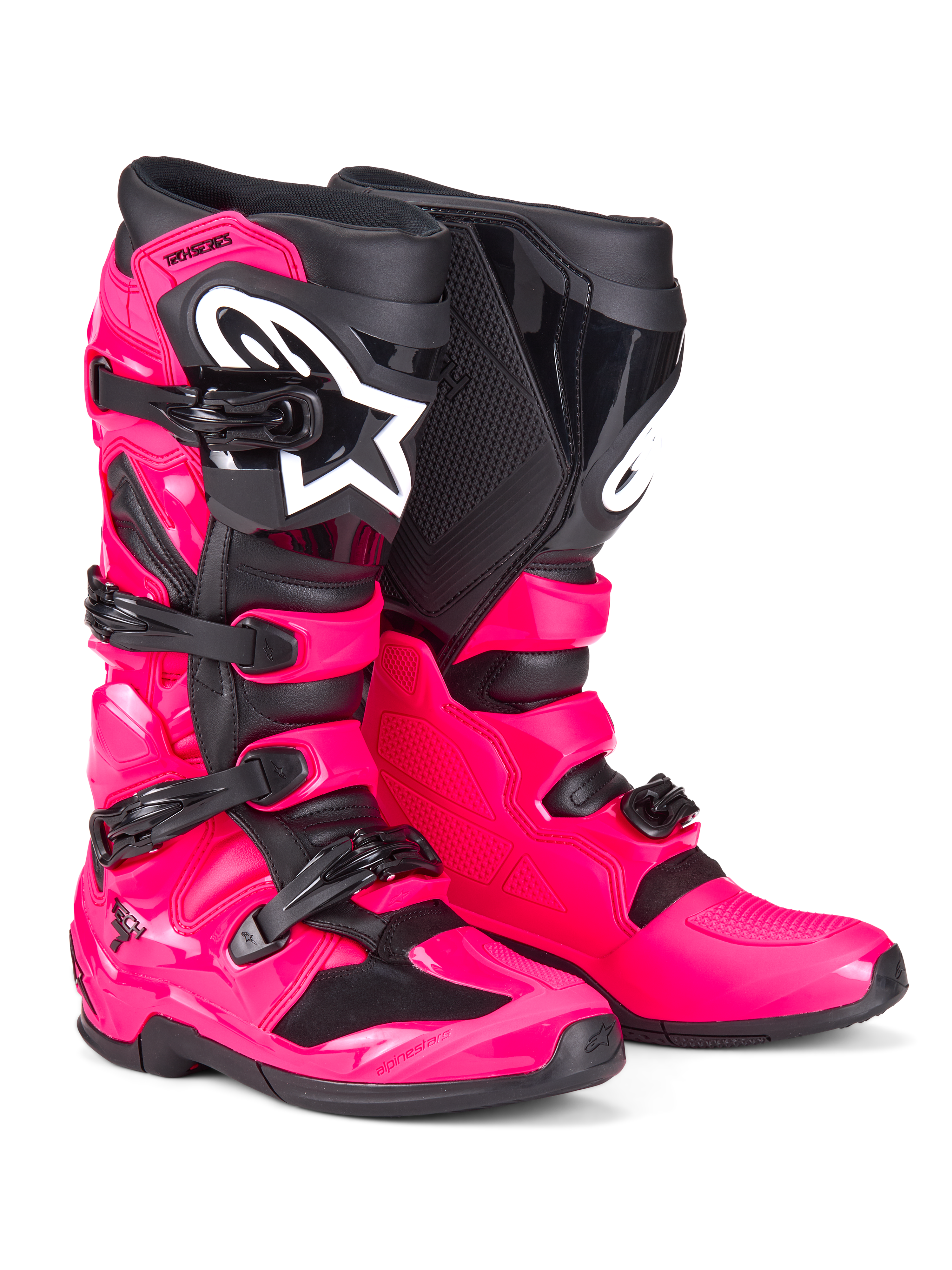 Botas Alpinestars Tech 7, botas de motocross, rosa diva e preto, com uma estrutura de TPU resistente, sistema de fecho com quatro fivelas e logótipo branco da Alpinestars em destaque, calçado de alto desempenho para todo-o-terreno