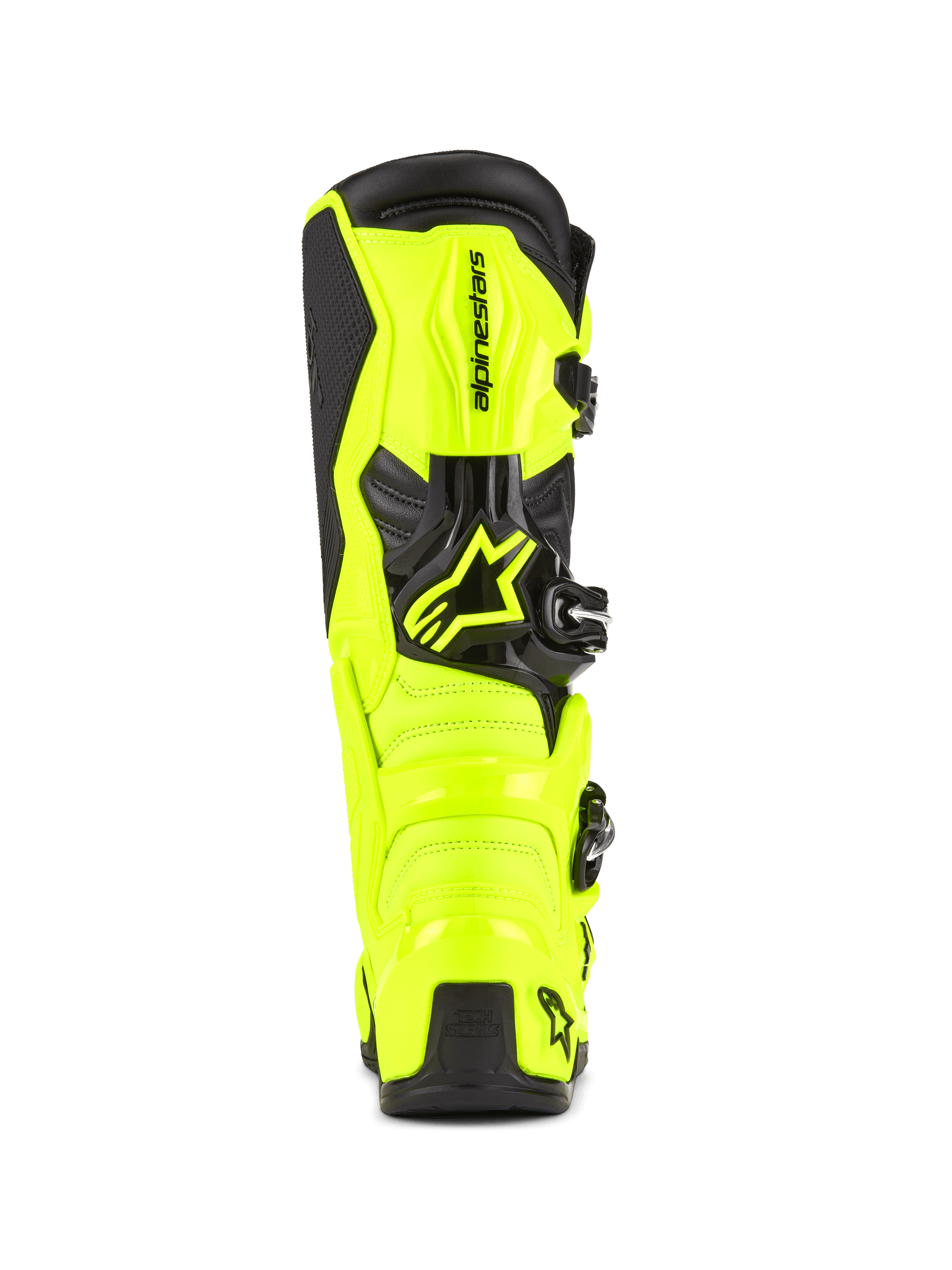Botas de Motocross Alpinestars Tech 7, Amarelo Fluo e Preto, vista traseira a mostrar a construção protetora em TPU e a proteção de calcanhar, logótipo Alpinestars proeminente, design vibrante de alta visibilidade para desempenho off-road