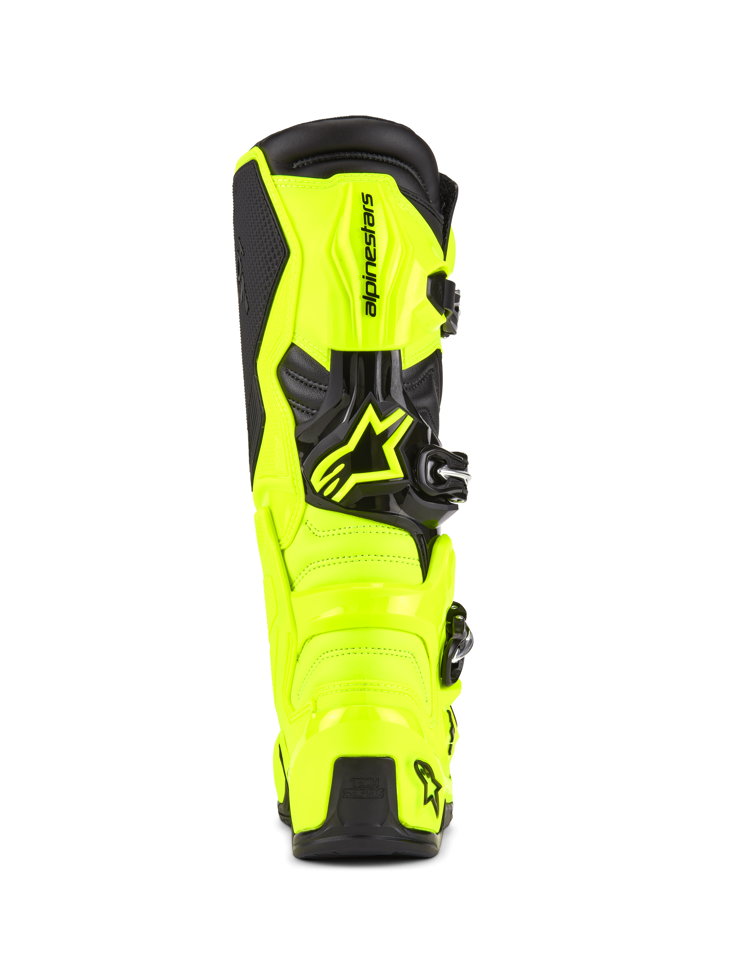 Botas de Motocross Alpinestars Tech 7, Amarelo Fluo e Preto, vista traseira a mostrar a construção protetora em TPU e a proteção de calcanhar, logótipo Alpinestars proeminente, design vibrante de alta visibilidade para desempenho off-road