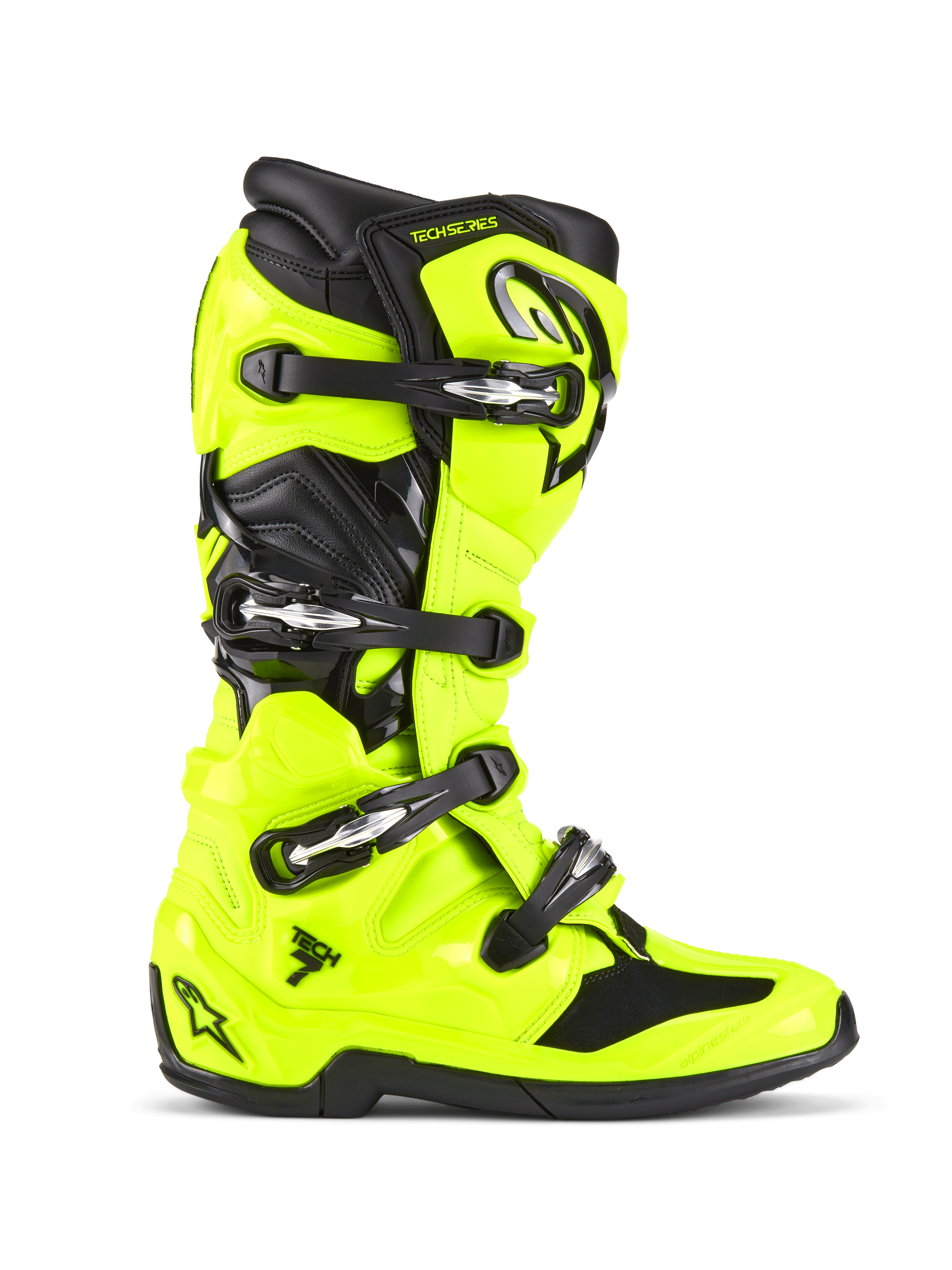 Botas Alpinestars Tech 7, botas de motocross, Amarelo Fluo e Preto, vista de perfil lateral apresentando uma concha em TPU amarelo néon brilhante com quatro fivelas pretas, calcanhar e biqueira reforçados, sistema de pivô para flexibilidade e estética de corrida profissional off-road
