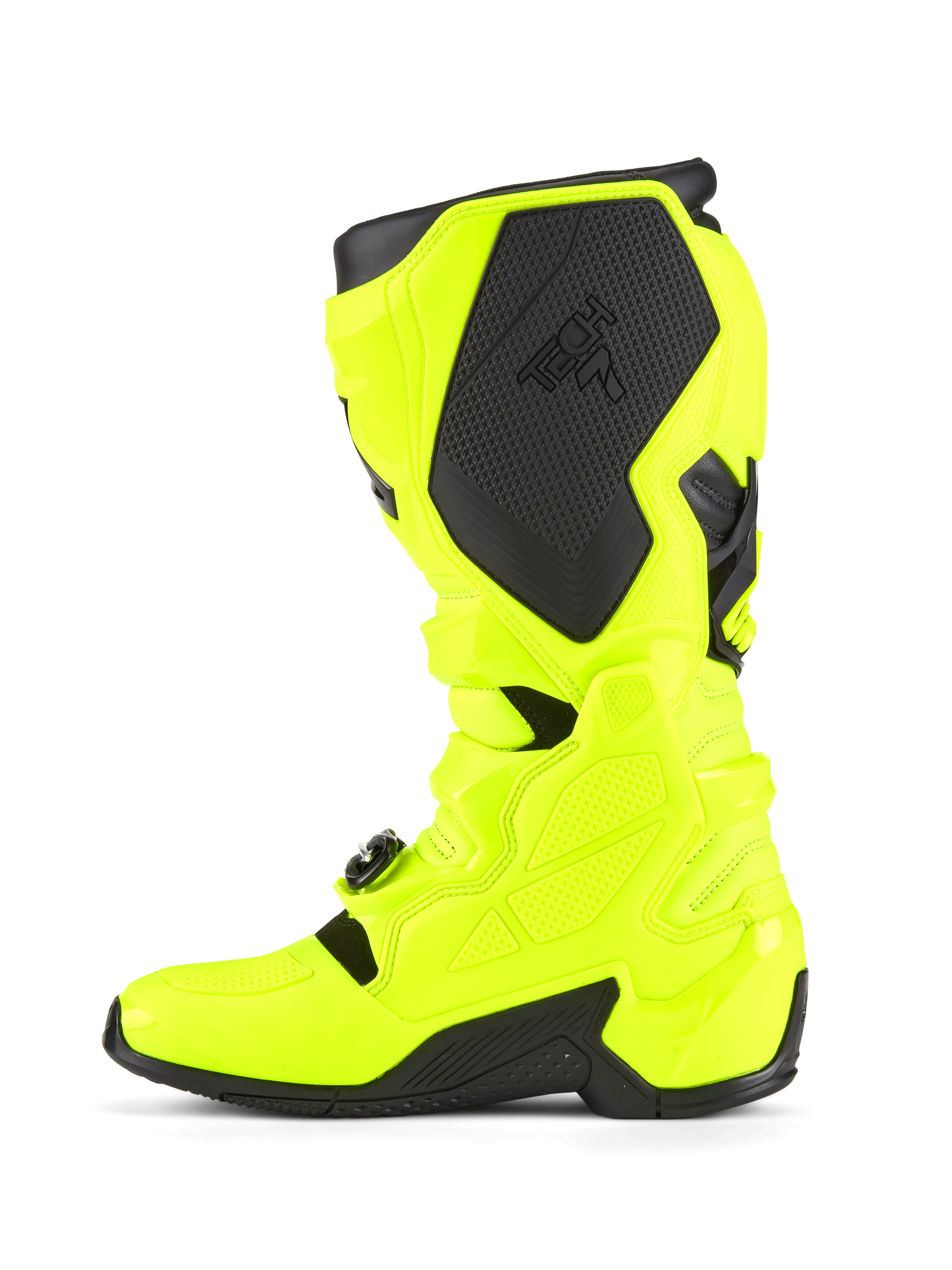 Botas Alpinestars Tech 7, botas de motocross, amarelo néon e preto, vista de perfil lateral destacando a construção da estrutura em TPU, sistema de fecho com fivelas e painéis de proteção pretos com logótipo, concebidas para durabilidade e corridas off-road