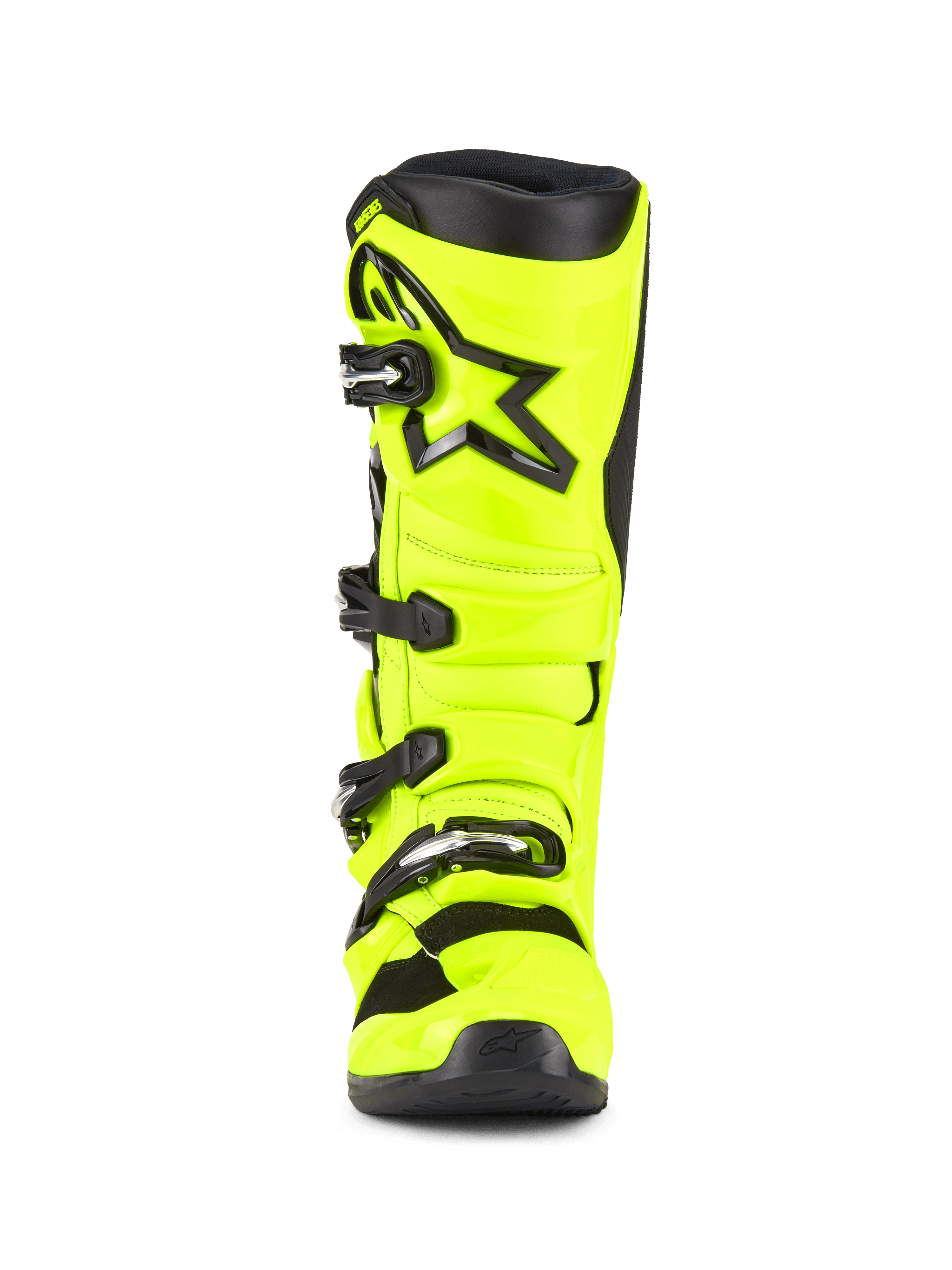 Botas Alpinestars Tech 7, botas de motocross, Amarelo Fluo e Preto, vista frontal, com concha de TPU em amarelo fluorescente brilhante, logótipo da estrela Alpinestars preto na canela e sistema de fecho com fivelas ajustáveis para desempenho off-road