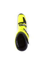 Botas Alpinestars Tech 7, botas de motocross, amarelo fluo e preto, vista superior do interior, mostrando o sistema de fecho por fivelas e o rebordo acolchoado