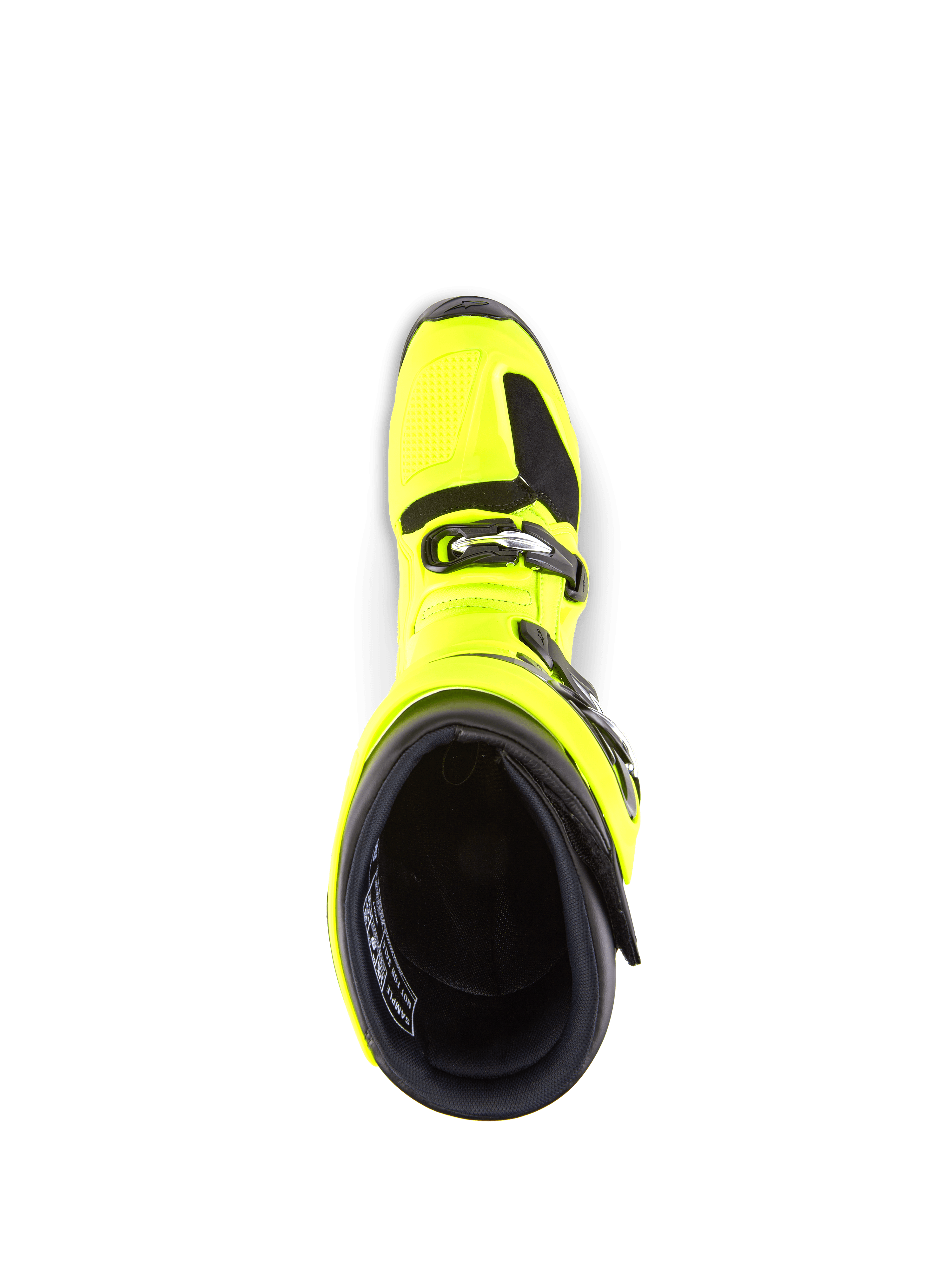 Botas Alpinestars Tech 7, botas de motocross, amarelo fluo e preto, vista superior do interior, mostrando o sistema de fecho por fivelas e o rebordo acolchoado