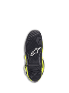 Botas Alpinestars Tech 7, botas de motocross, Amarelo Fluo e Preto, vista inferior da sola de borracha preta com um padrão de aderência texturizado, logótipo de estrela branco e um indicador de limite de desgaste vermelho para durabilidade off-road
