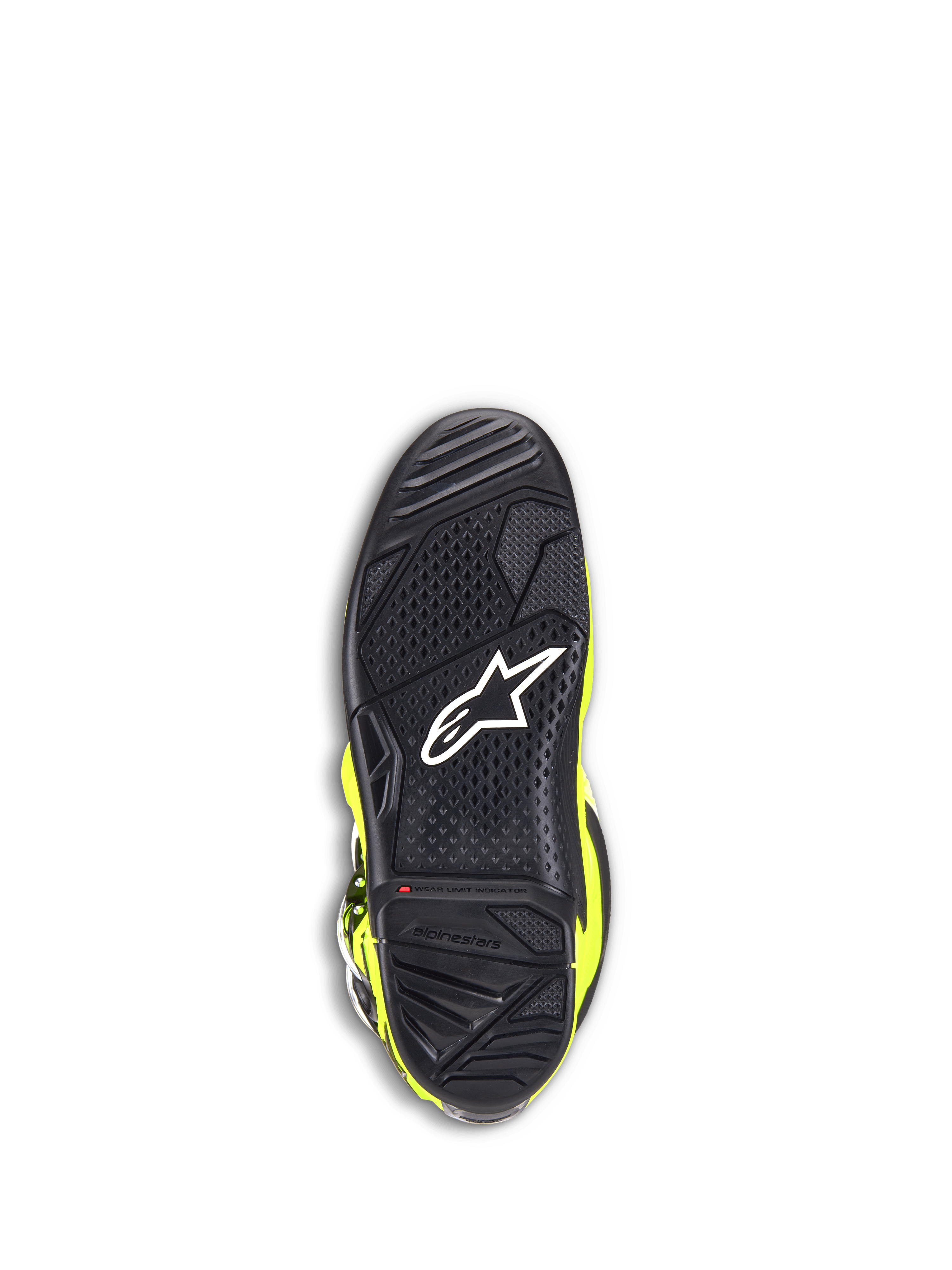 Botas Alpinestars Tech 7, botas de motocross, Amarelo Fluo e Preto, vista inferior da sola de borracha preta com um padrão de aderência texturizado, logótipo de estrela branco e um indicador de limite de desgaste vermelho para durabilidade off-road
