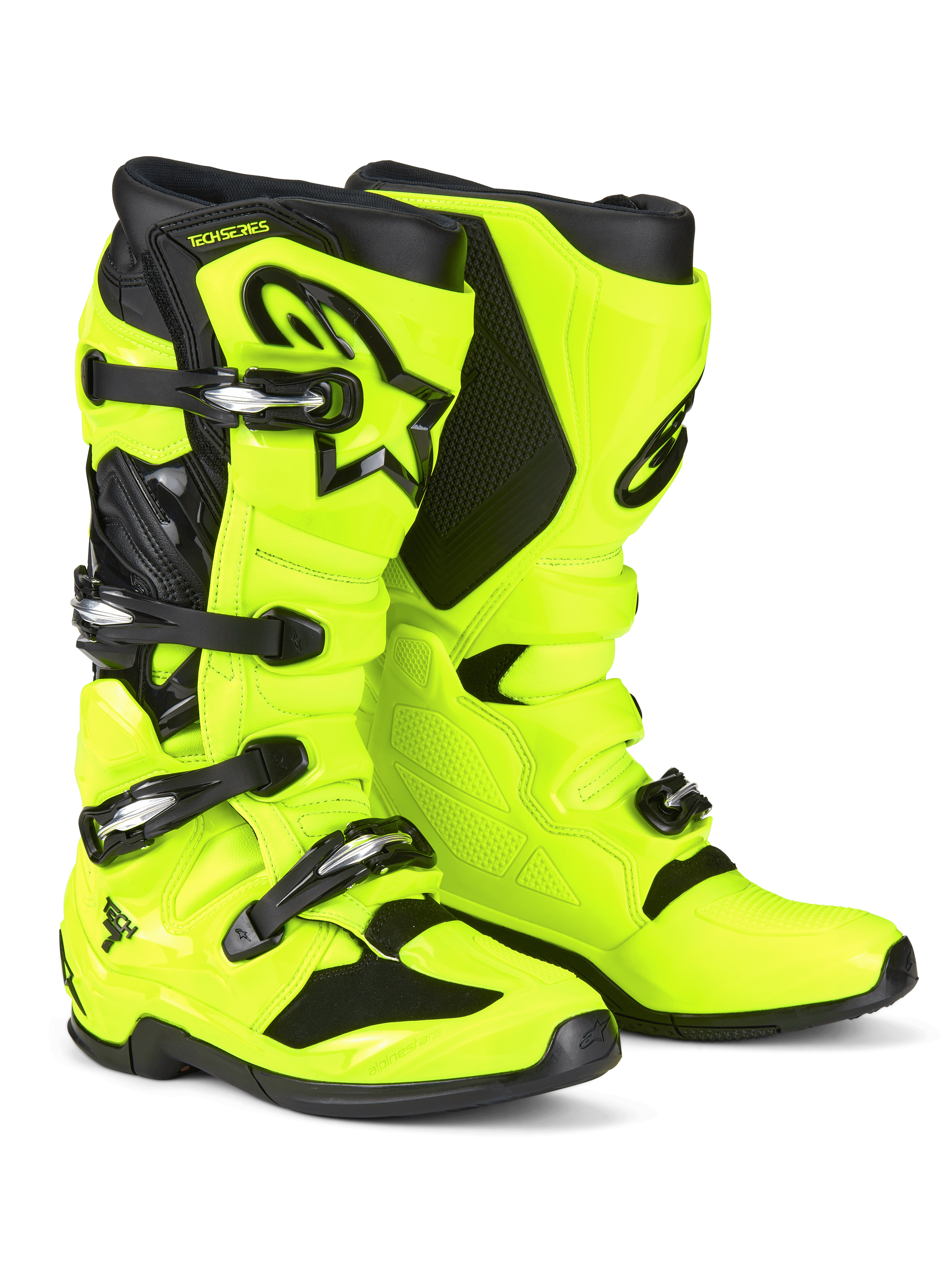 Botas de Motocross Alpinestars Tech 7, Amarelo Fluo e Preto, com sistema de fecho de quatro fivelas, concha protetora em TPU, logótipo Astars preto na canela e sola resistente de composto duplo para corridas off-road