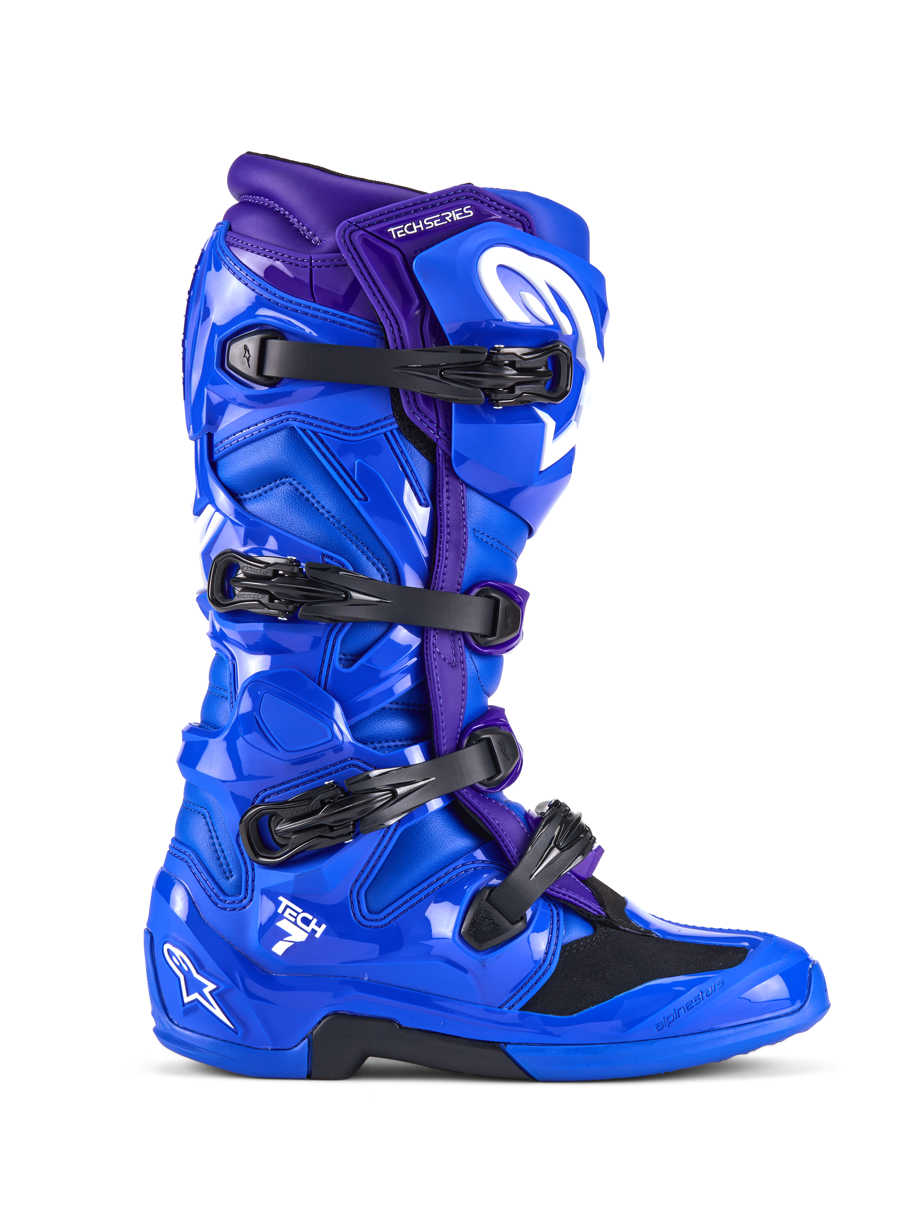 Botas Alpinestars Tech 7, botas de motocross, azuis e roxas, com quatro fivelas pretas, concha protetora em TPU brilhante com o logótipo Alpinestars em branco, calçado durável para competição em todo-o-terreno