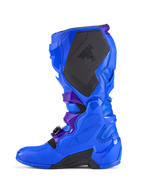 Alpinestars Tech 7 Motocross Boots, Blue, side profile view, featuring reinforced TPU protection, large black textured medial grip panel with TECH 7 branding, dark purple strap accents, and durable black sole sections