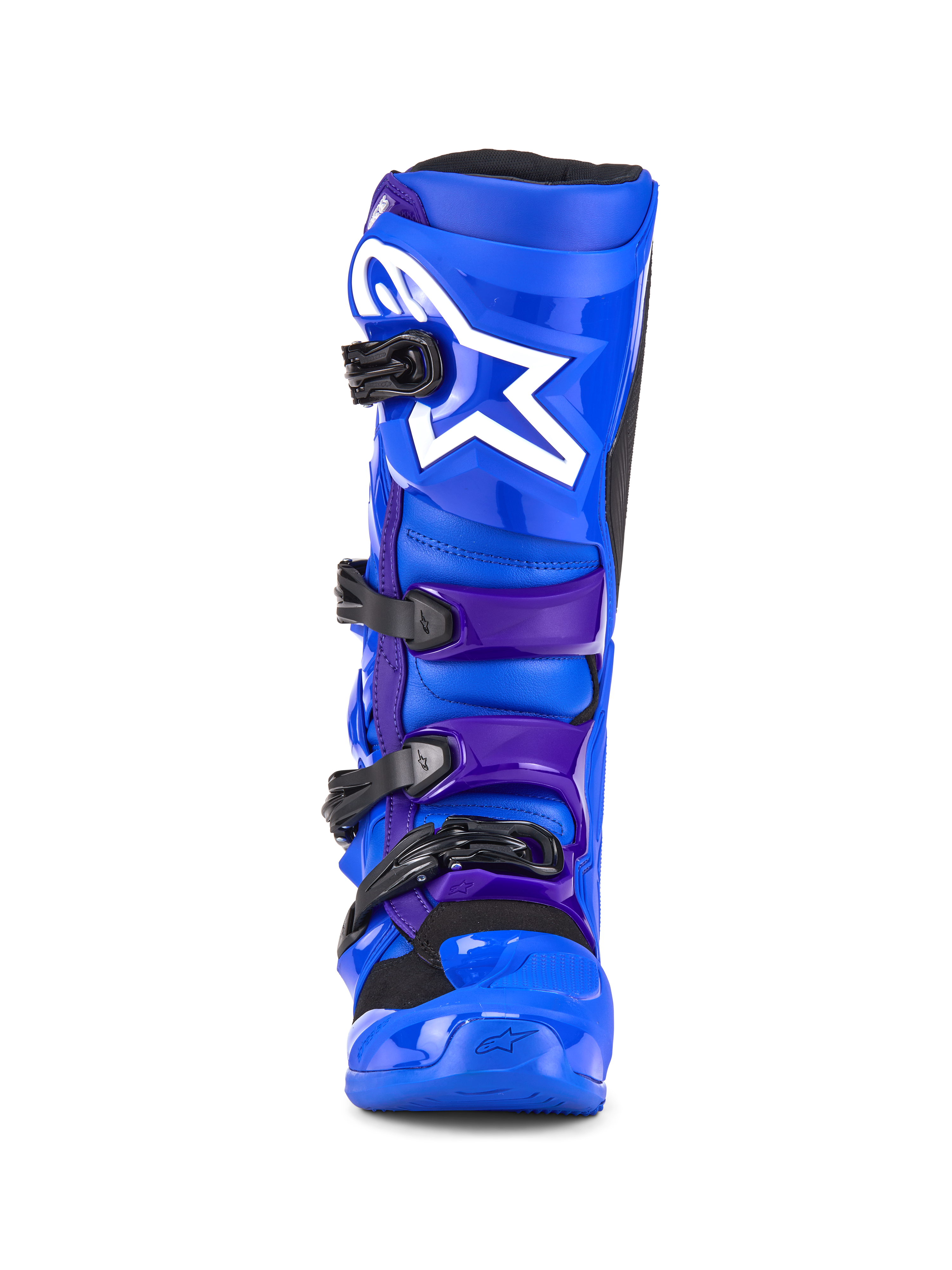 Alpinestars Tech 7 Boots, Motocross Boots, Blue and Purple, featuring a white star logo on the shin plate, four-buckle closure system, and reinforced TPU construction for off-road racing, front view