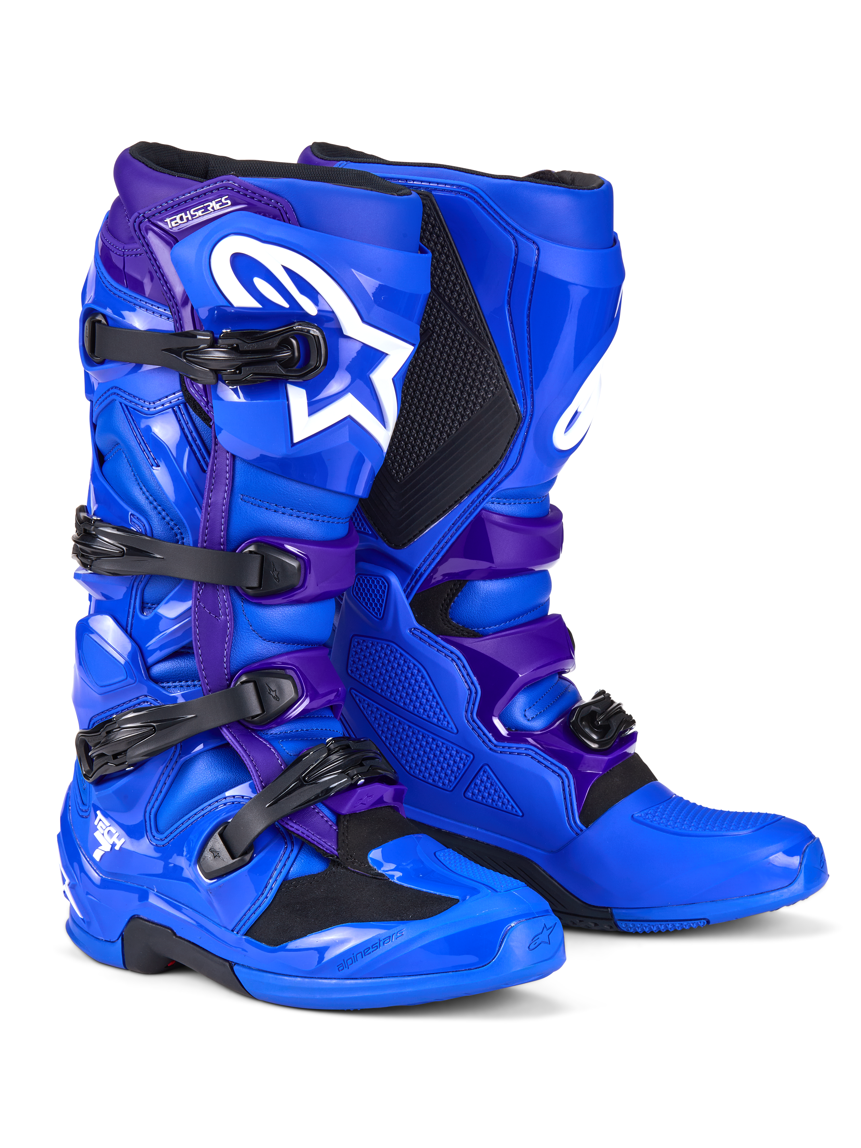 Alpinestars Tech 7 Boots, Motocross Boots, Blue and Purple, featuring white Alpinestars logos, TPU protective panels, four-buckle closure system, and rugged off-road sole design