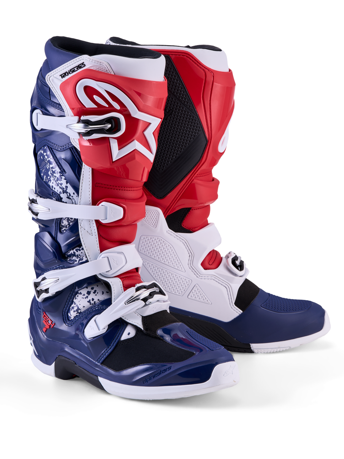 Alpinestars Tech 7 Unity, botas de motocross de edição limitada, vermelhas, brancas e azuis, proteção TPU e fivelas