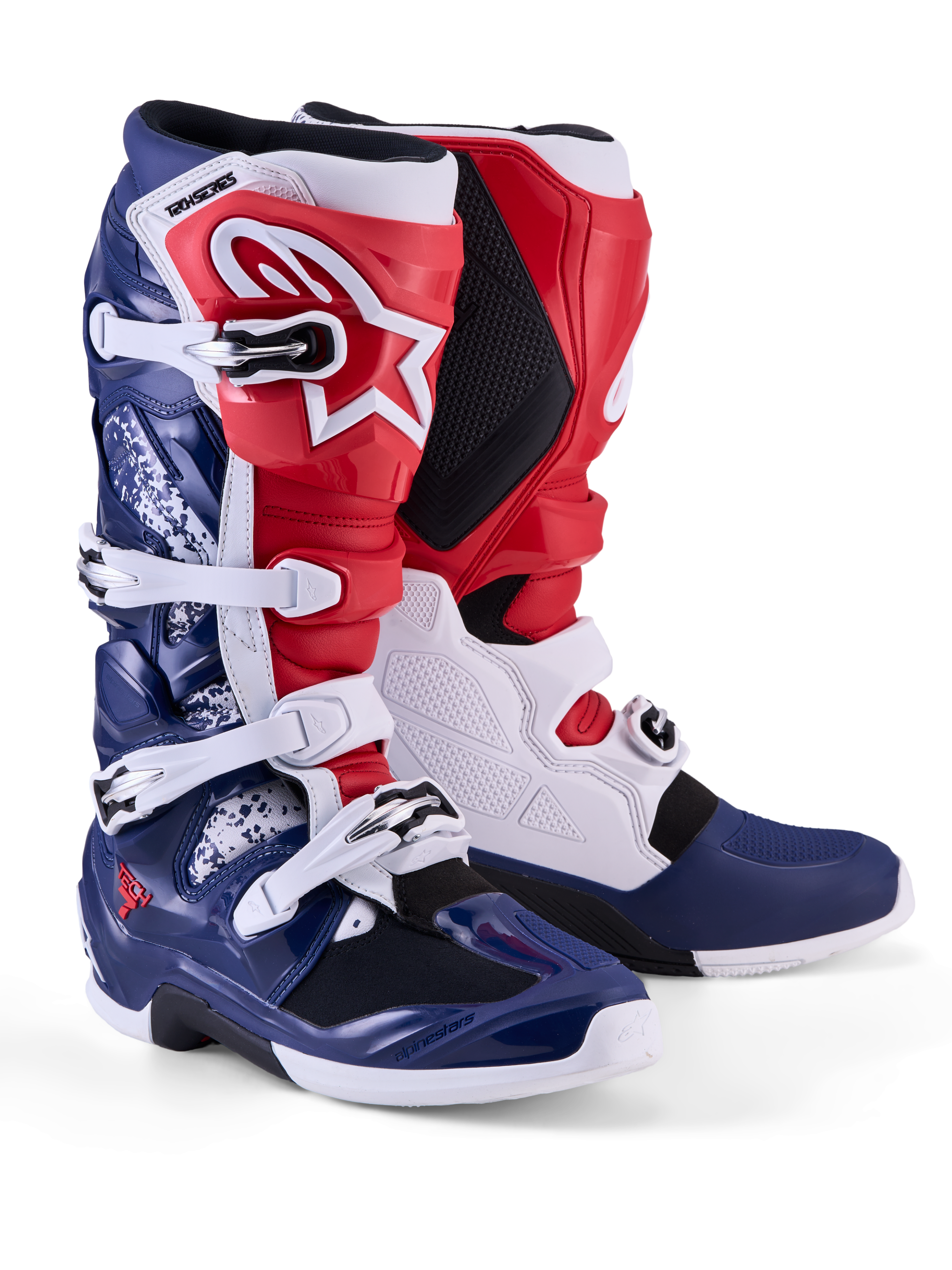 Alpinestars Tech 7 Unity, botas de motocross de edição limitada, vermelhas, brancas e azuis, proteção TPU e fivelas
