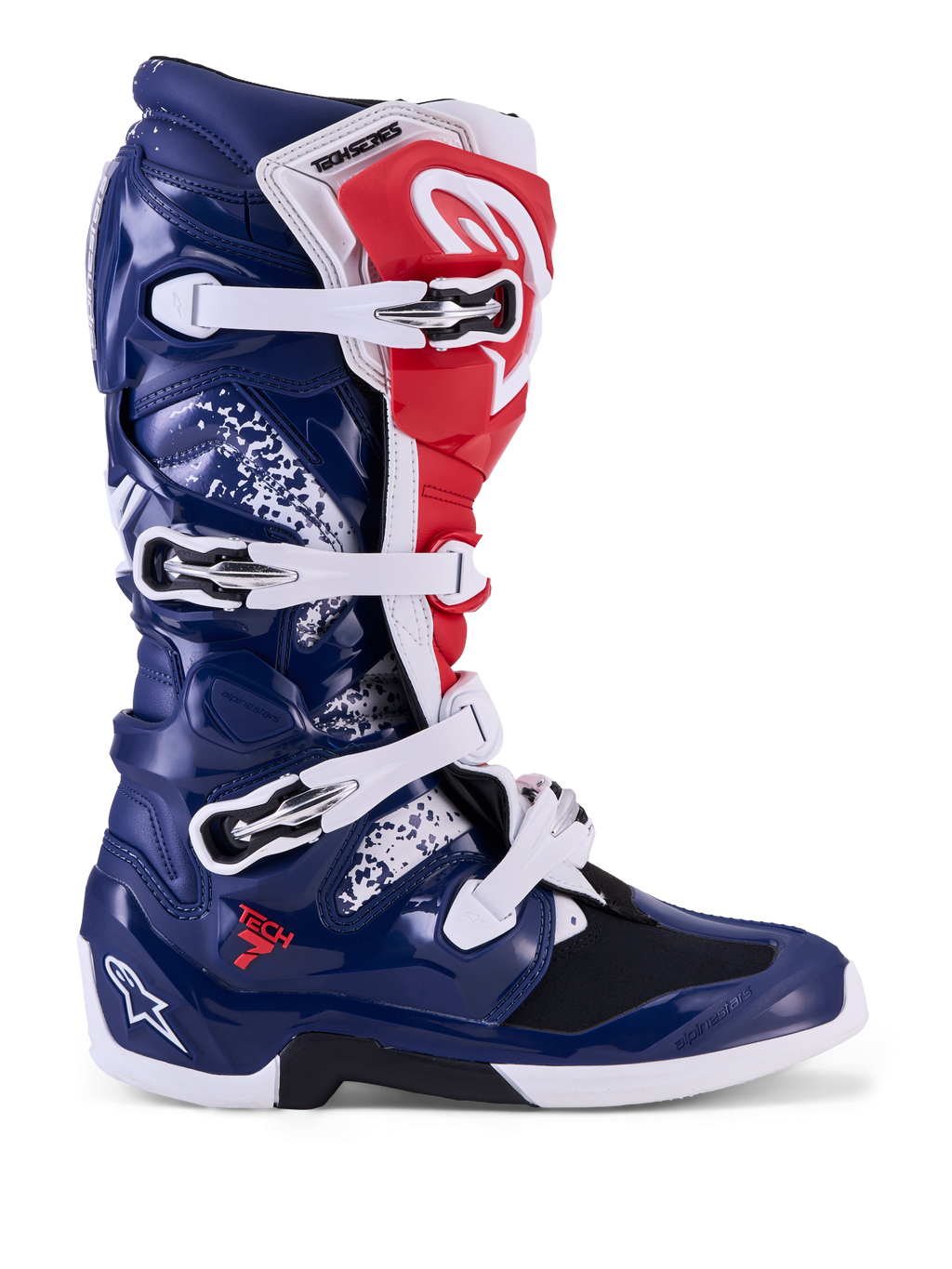 Alpinestars Tech 7 Unity, botas de moto para motocross, azuis, brancas e vermelhas, com proteção em TPU e fecho de fivelas.