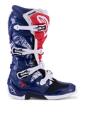 Alpinestars Tech 7 Unity, botas de moto para motocross, azuis, brancas e vermelhas, com proteção em TPU e fecho de fivelas.
