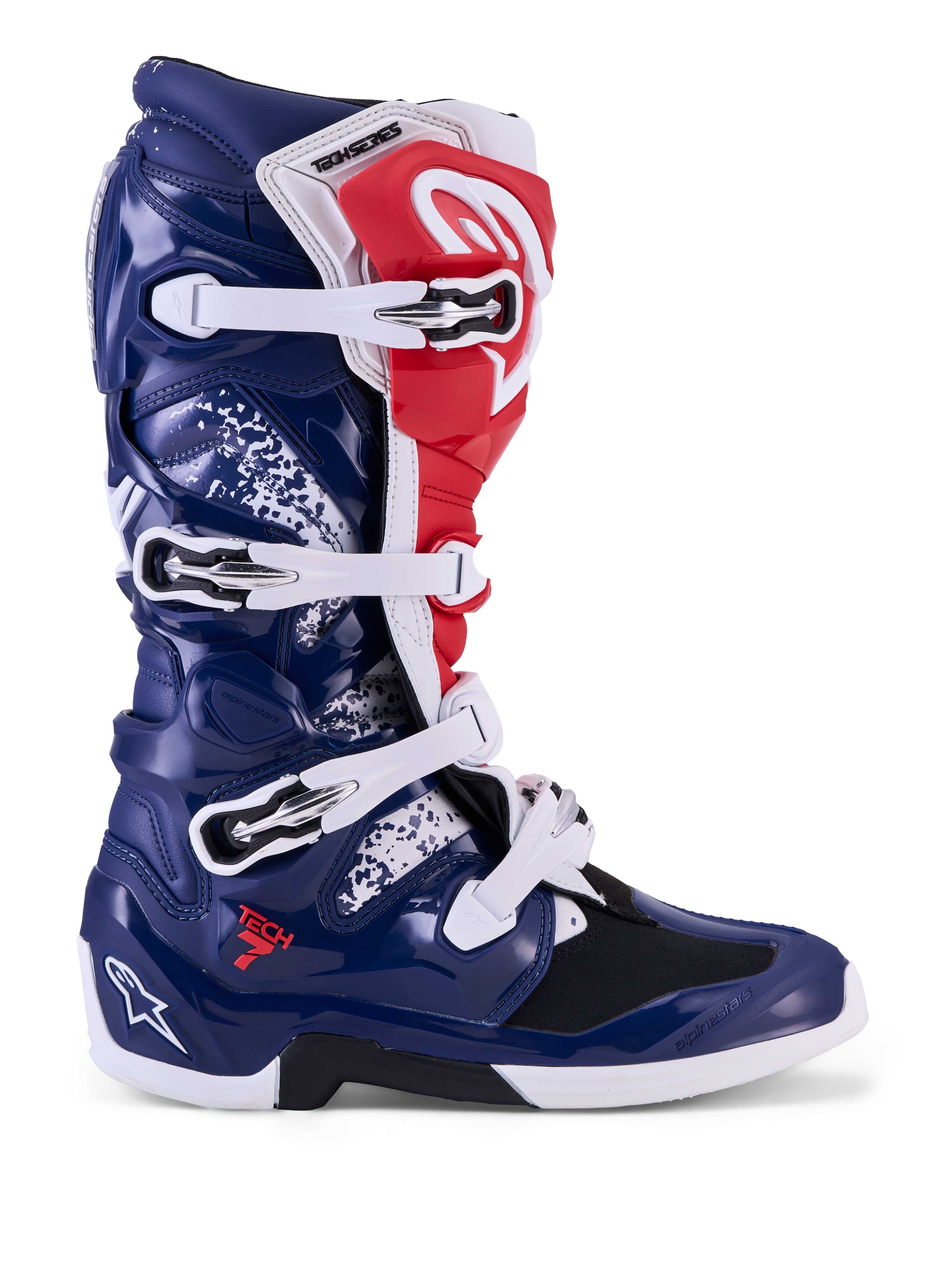 Alpinestars Tech 7 Unity, botas de moto para motocross, azuis, brancas e vermelhas, com proteção em TPU e fecho de fivelas.