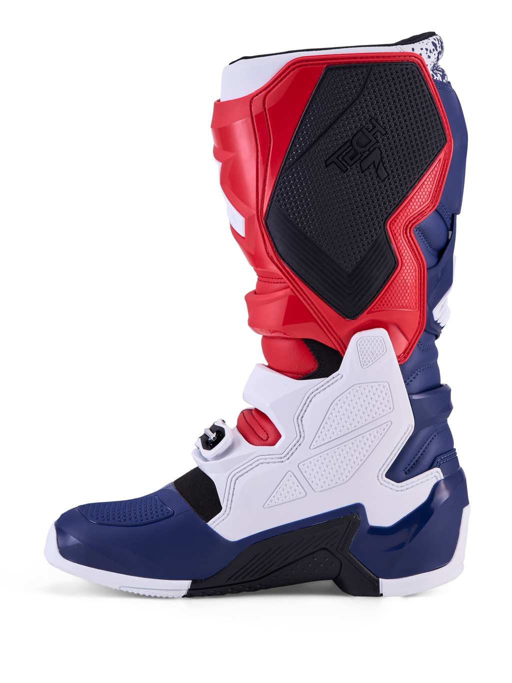 Alpinestars Tech 7 Unity, botas de motocross para homem, vermelhas, brancas e azuis, com painéis de proteção em TPU.