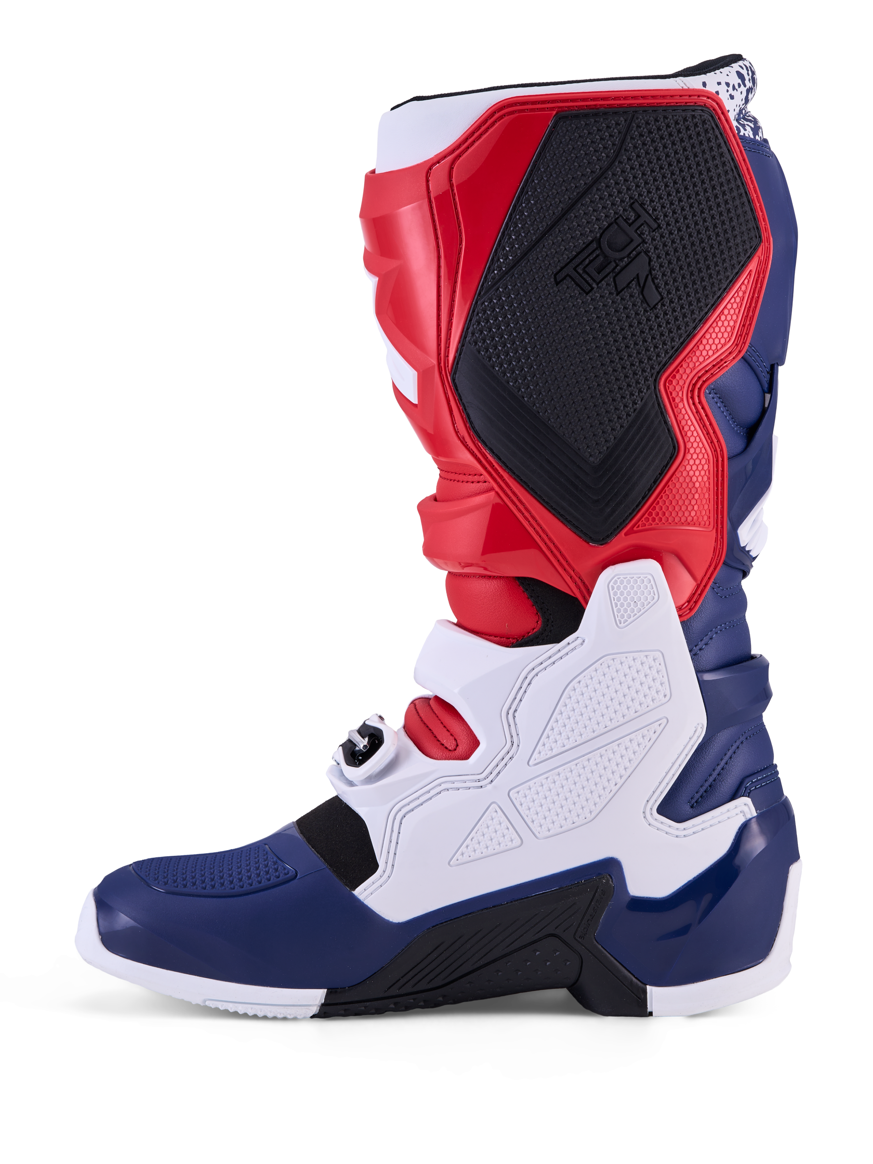 Alpinestars Tech 7 Unity, botas de motocross para homem, vermelhas, brancas e azuis, com painéis de proteção em TPU.