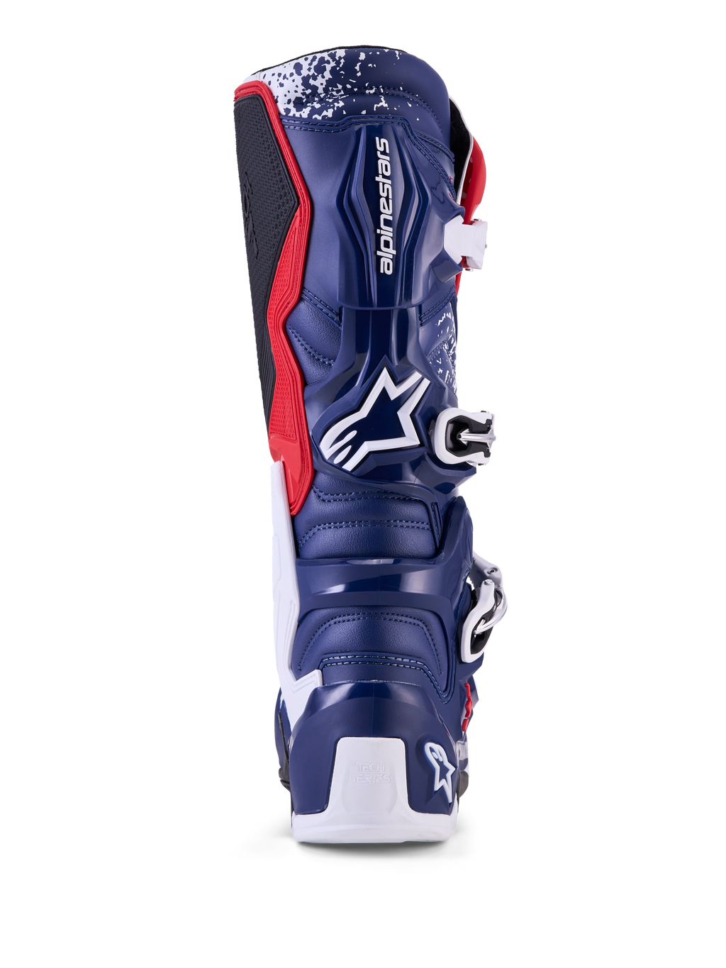 Alpinestars Tech 7 Unity edição limitada, botas de motocross, vermelhas, brancas e azuis, vista traseira com estrutura de proteção em TPU