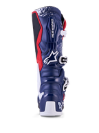 Alpinestars Tech 7 Unity edição limitada, botas de motocross, vermelhas, brancas e azuis, vista traseira com estrutura de proteção em TPU