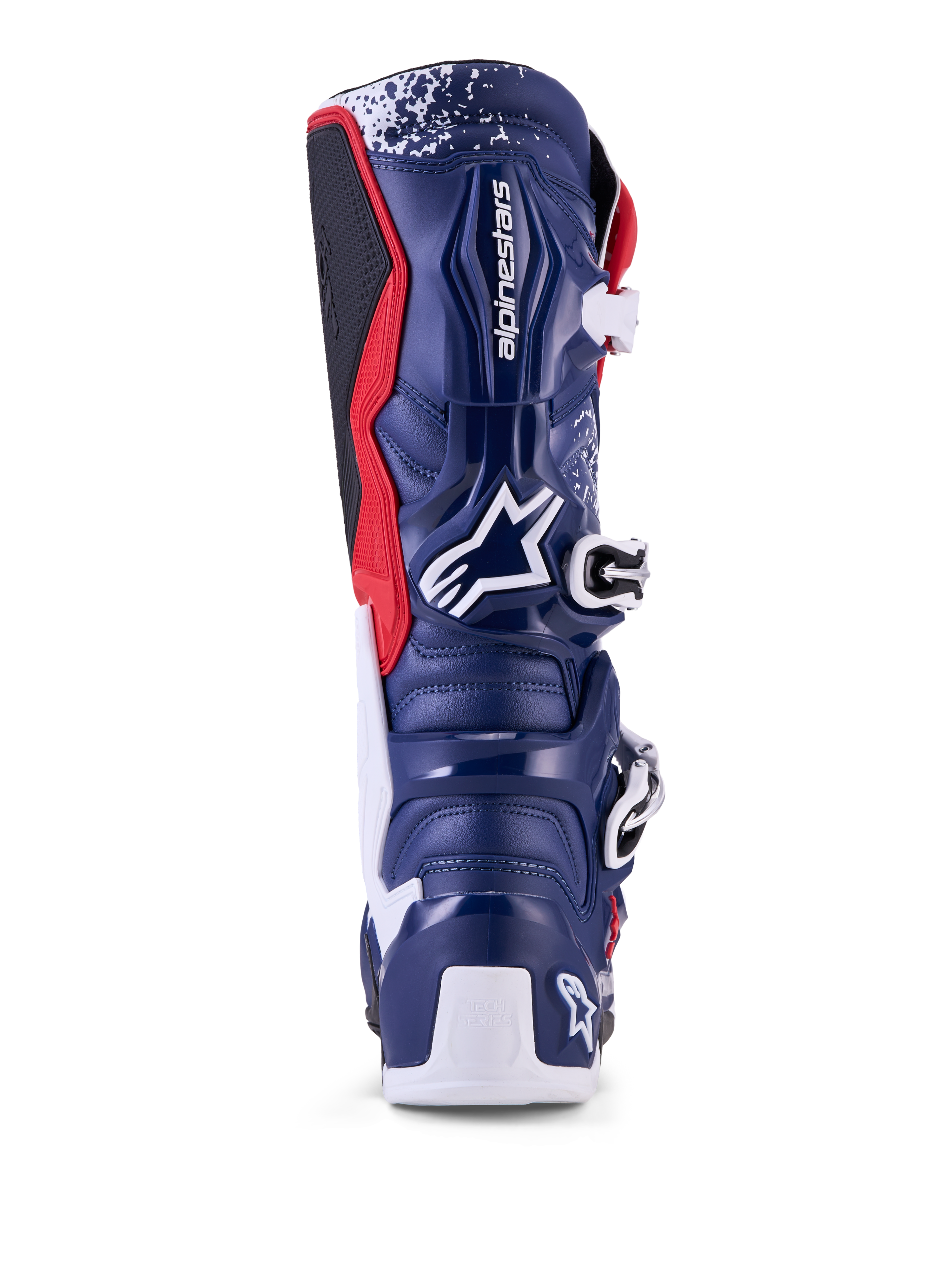 Alpinestars Tech 7 Unity edição limitada, botas de motocross, vermelhas, brancas e azuis, vista traseira com estrutura de proteção em TPU