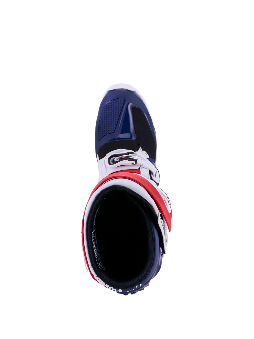 Alpinestars Tech 7 Unity, botas de motocross vermelhas, brancas e azuis, vista superior com painéis protetores de TPU.