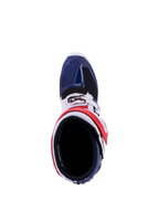 Alpinestars Tech 7 Unity, botas de motocross vermelhas, brancas e azuis, vista superior com painéis protetores de TPU.
