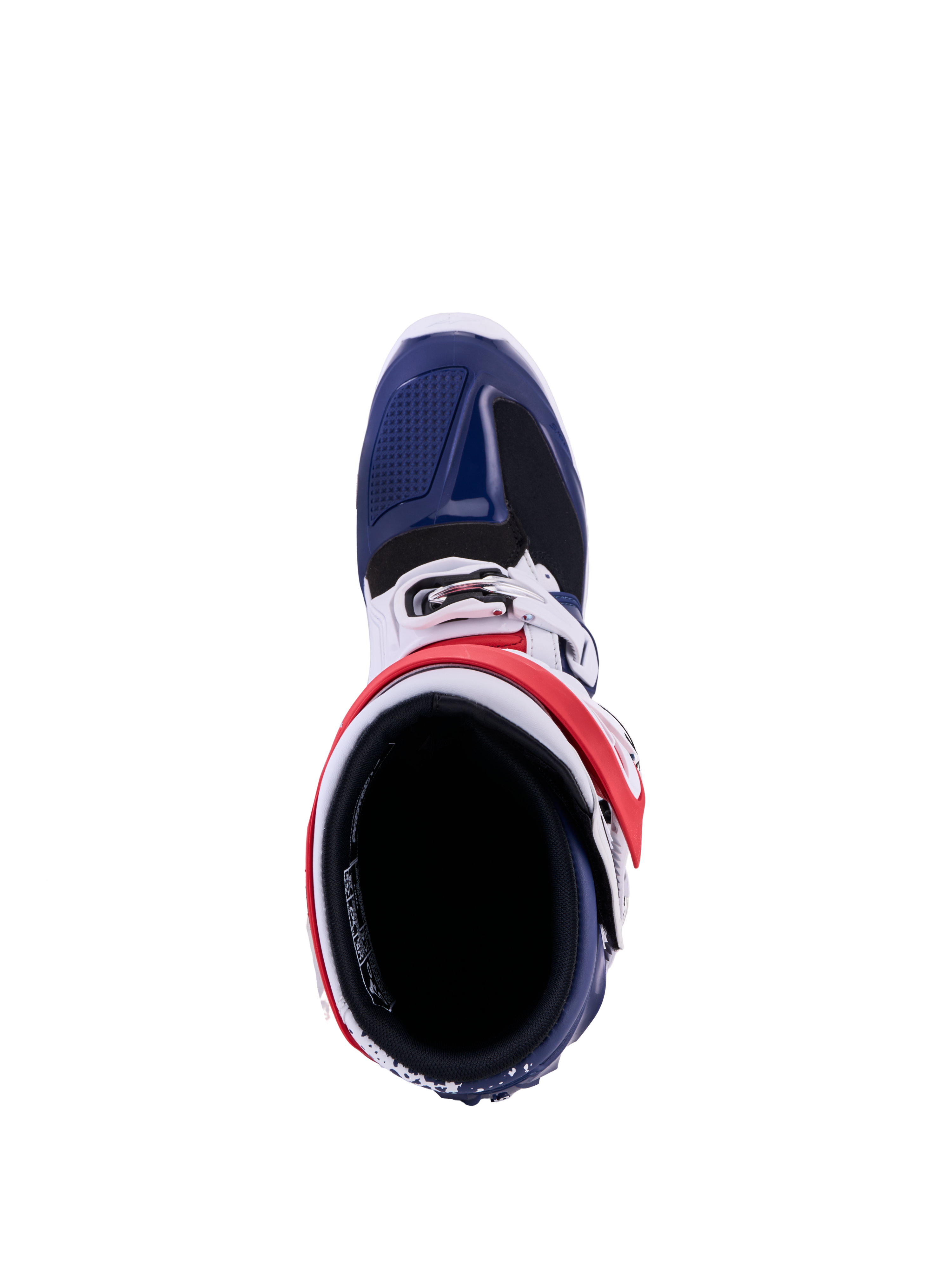 Alpinestars Tech 7 Unity, botas de motocross vermelhas, brancas e azuis, vista superior com painéis protetores de TPU.