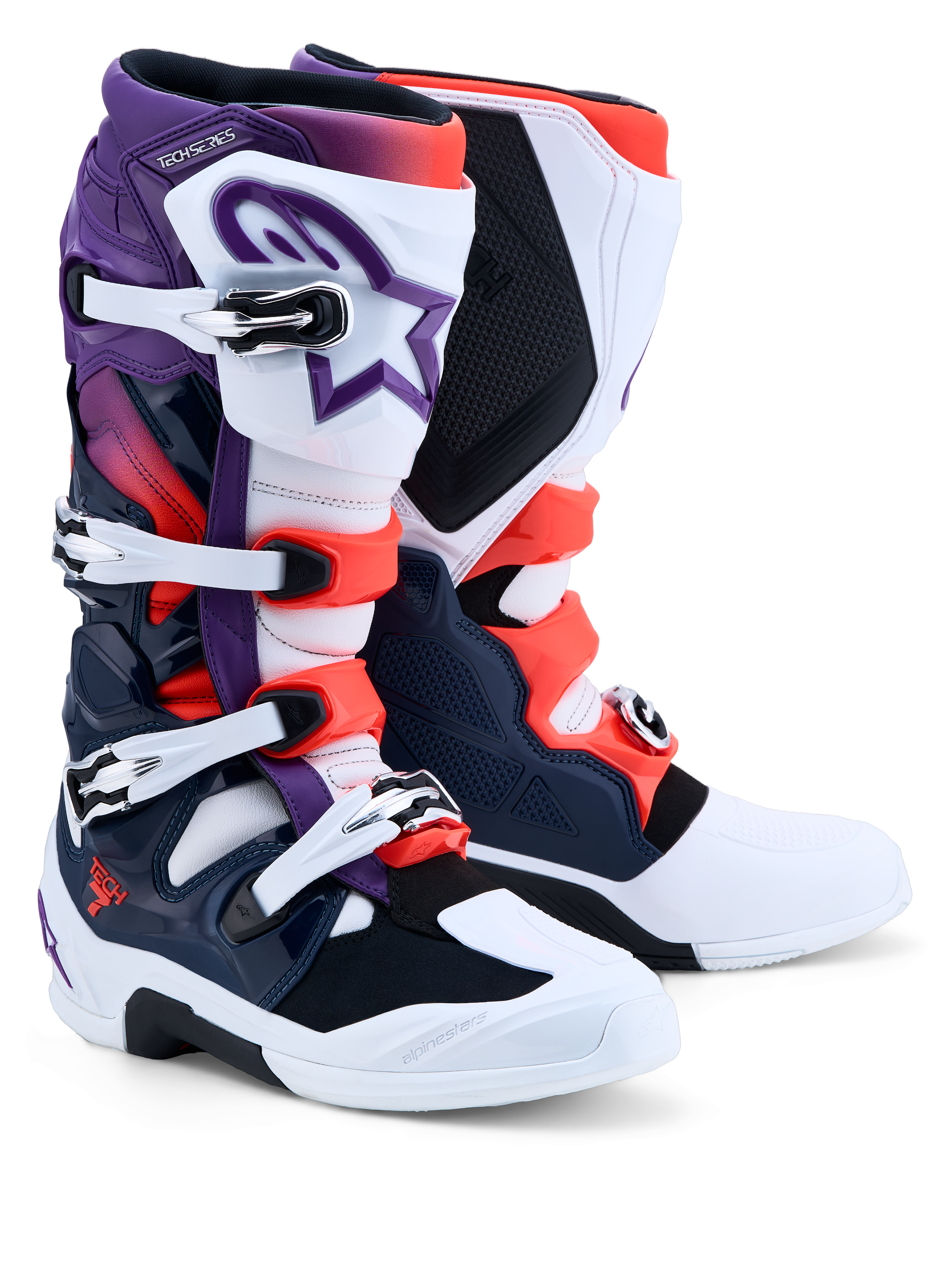 Alpinestars Tech 7, botas de motocross para homem, roxas, brancas, azuis escuras e vermelhas fluo, certificadas CE com proteção TPU
