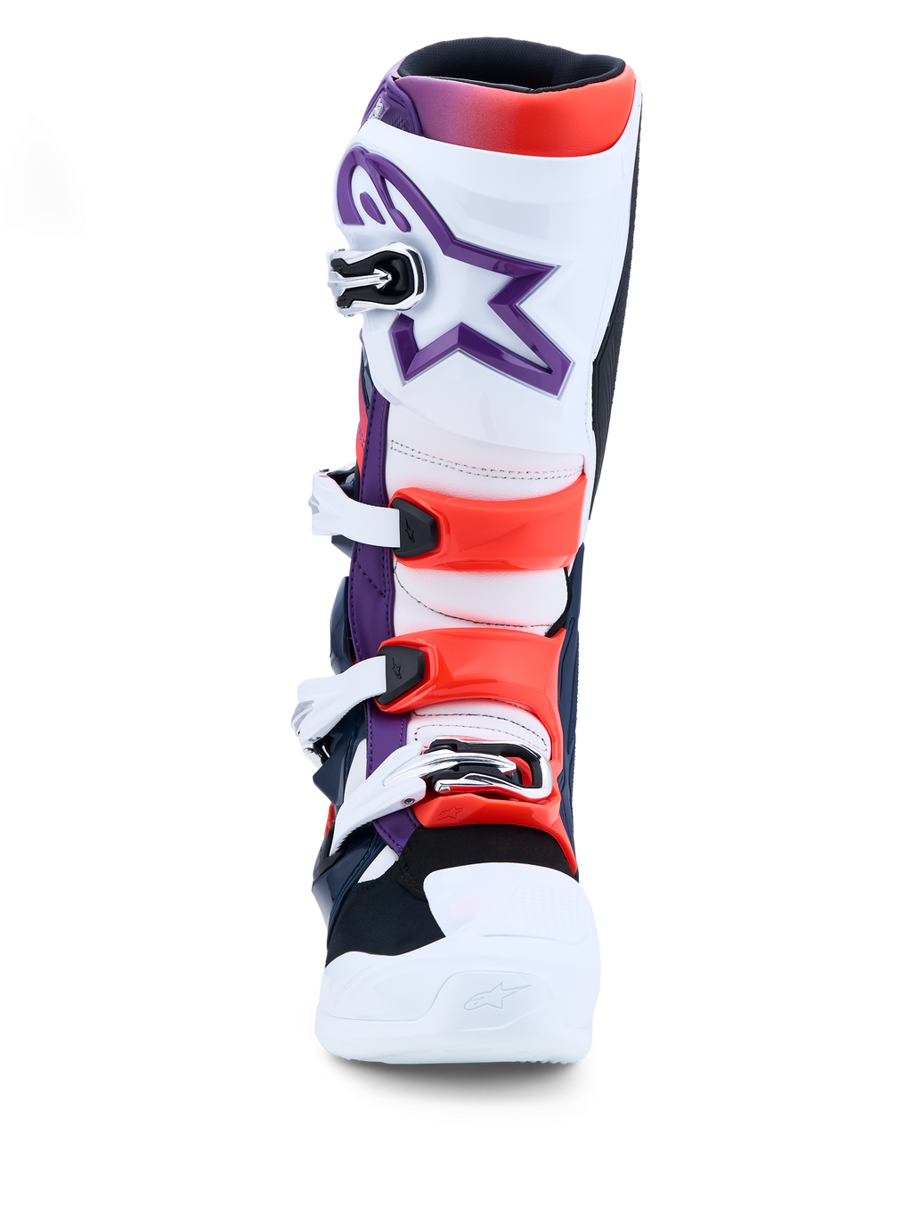 Alpinestars Tech 7, botas de motocross roxas, brancas e vermelho fluo, com proteção TPU e fechos de fivela.