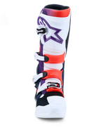 Alpinestars Tech 7, botas de motocross roxas, brancas e vermelho fluo, com proteção TPU e fechos de fivela.